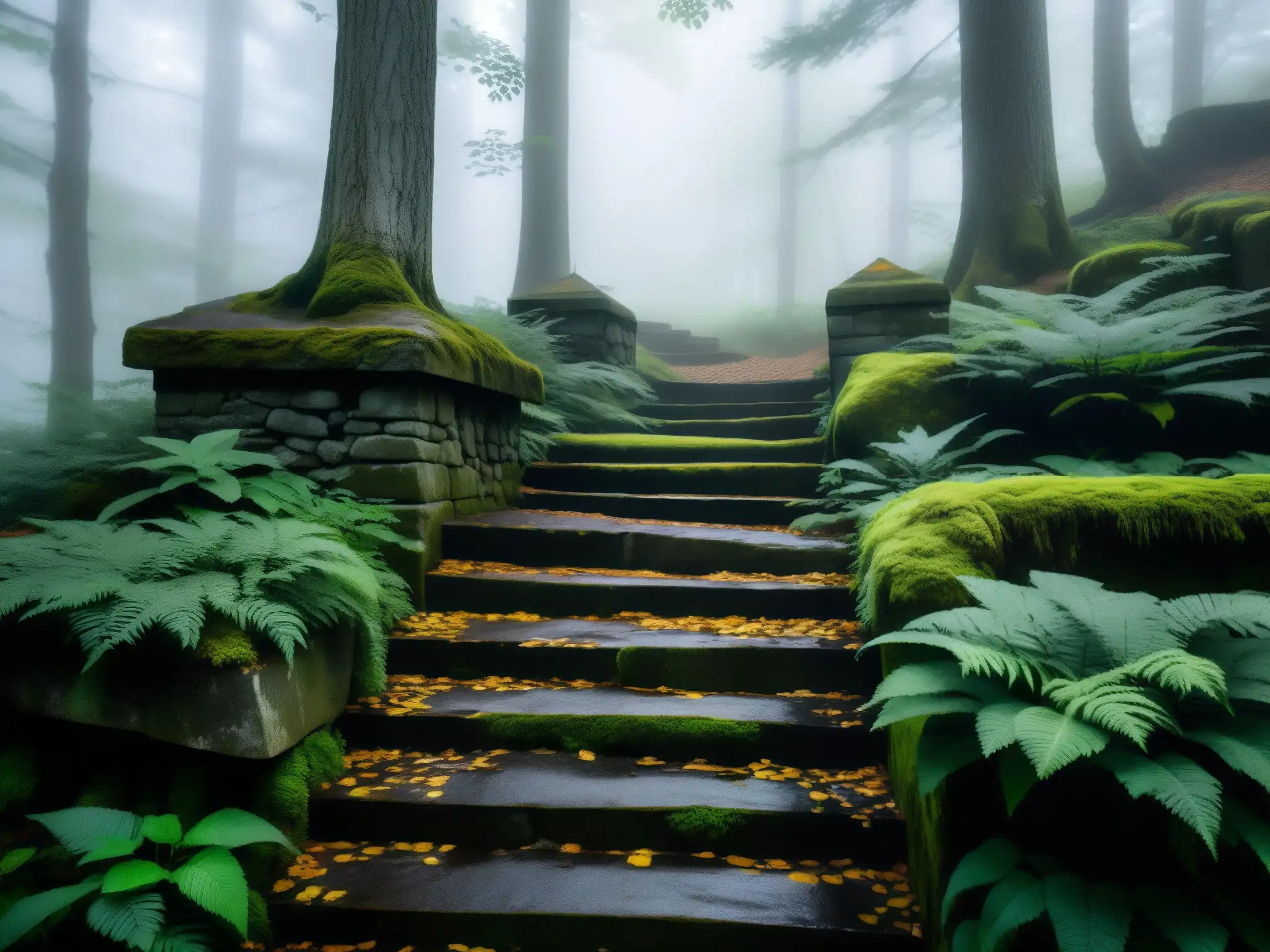 Un escalofriante y misterioso camino de piedra desgastada que desciende hacia la oscuridad, rodeado de árboles antiguos y neblina