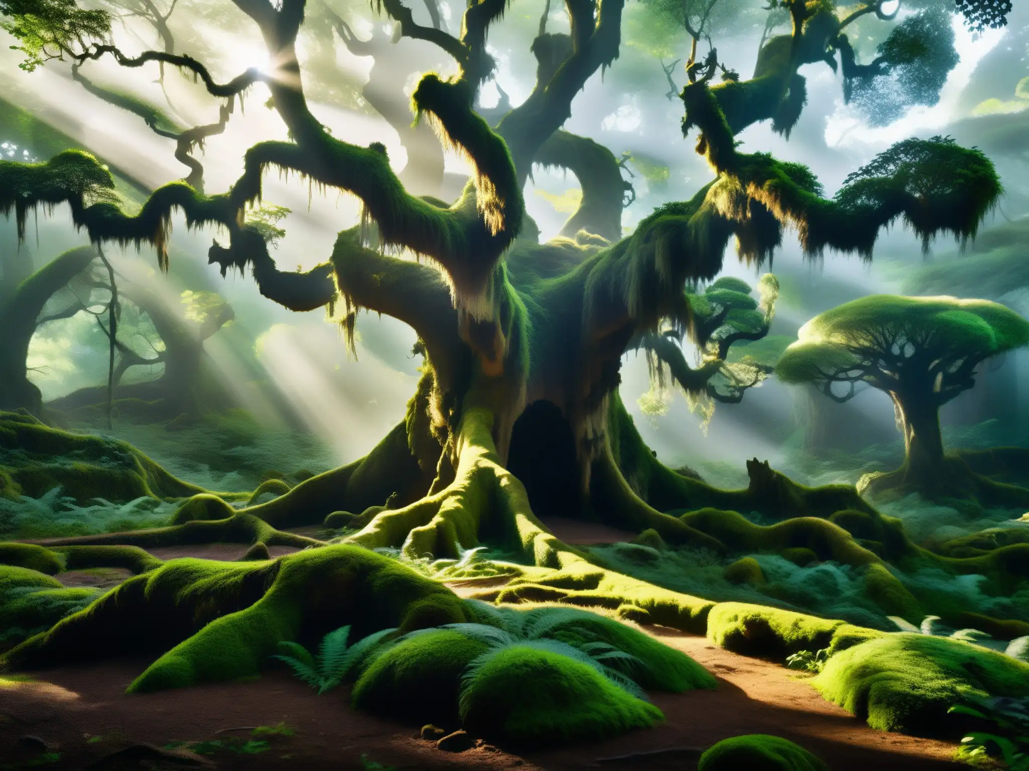 Escena etérea en el bosque de Sanjay Van, con árboles antiguos y misterio entre los rayos de sol y musgo, evocando mitos y leyendas