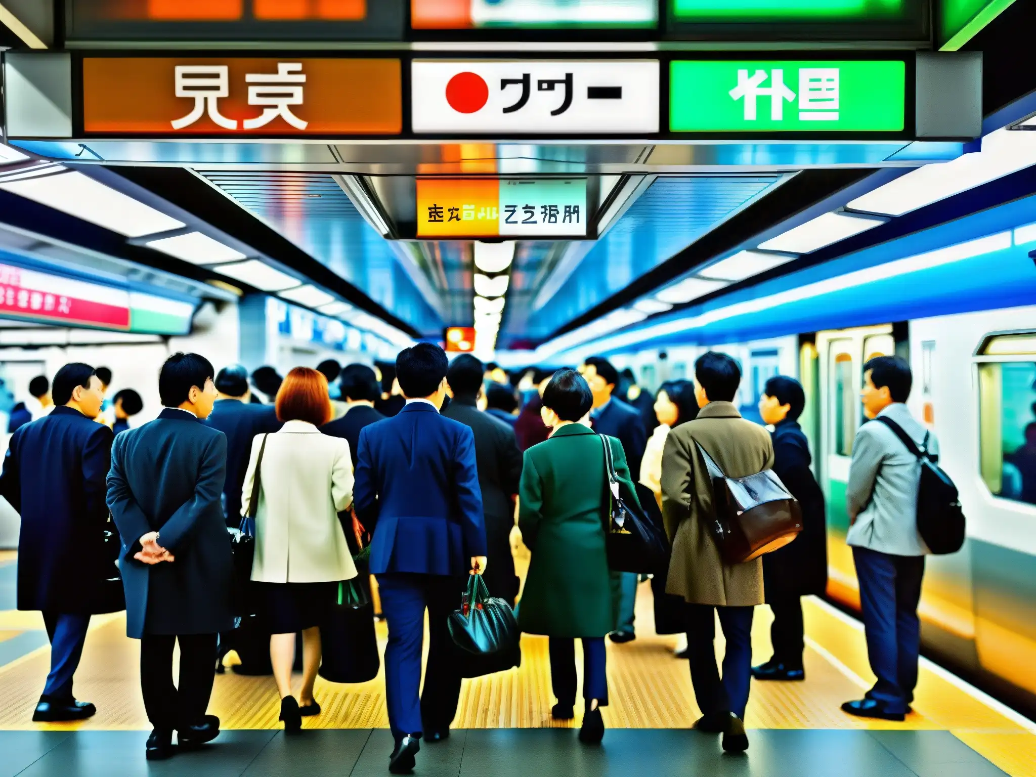 Escena bulliciosa del metro de Tokio en hora pico, con personal uniformado, carteles en japonés e inglés, y arquitectura distintiva