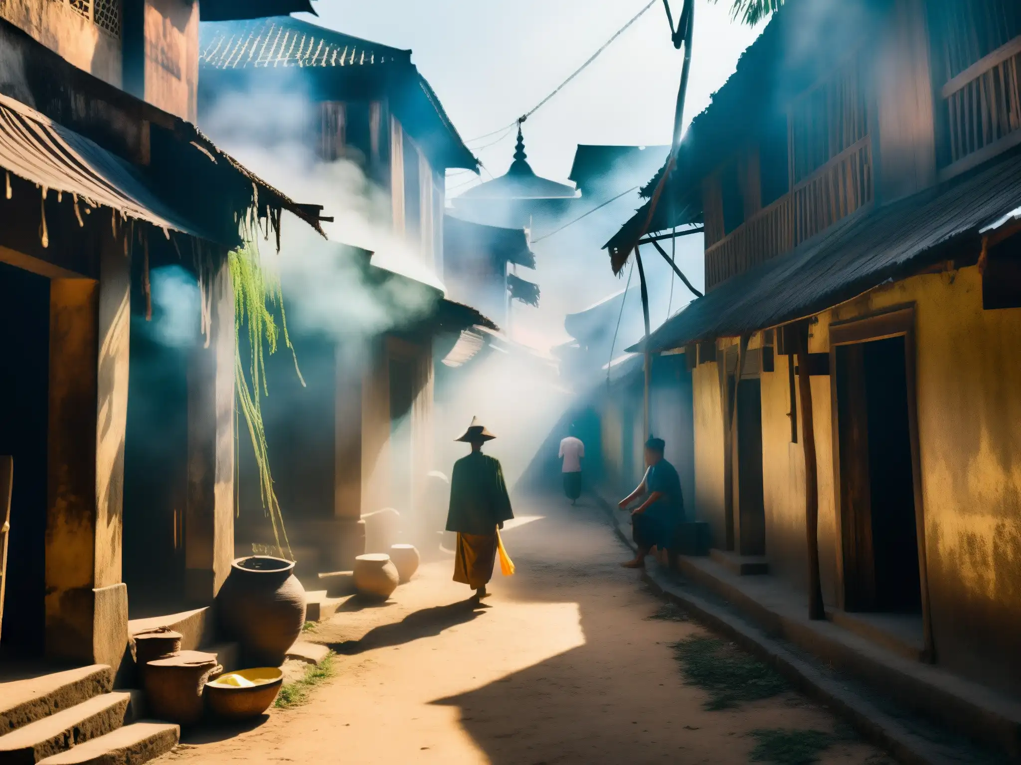 Escena de culto a los fantasmas hambrientos en una misteriosa calle de Myanmar, con figuras sombrías entre la niebla
