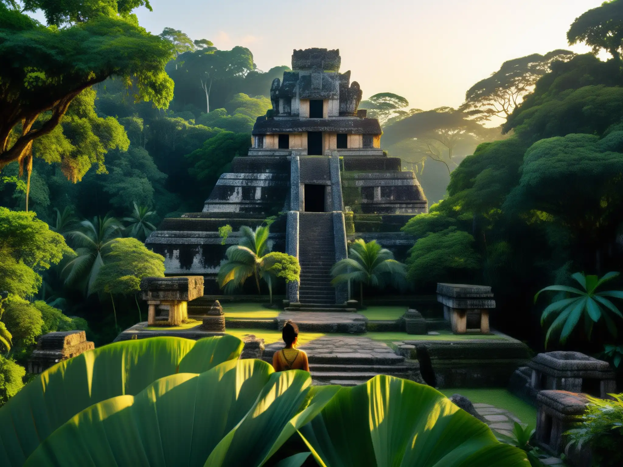 Una escena detallada de la exuberante selva al atardecer, con ruinas mayas entre la densa vegetación
