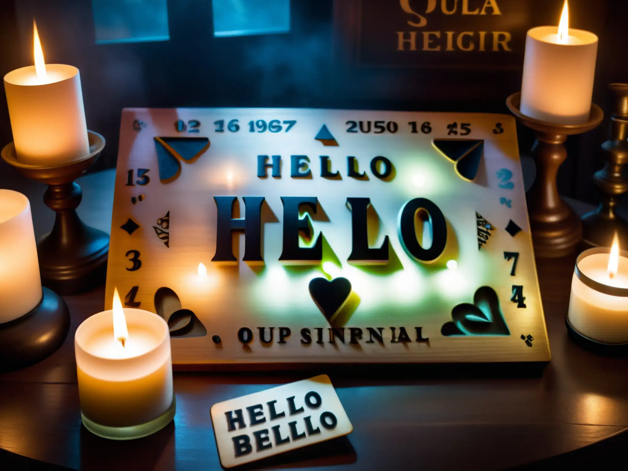 Una escena enigmática con una tabla Ouija vintage en una habitación tenue, rodeada de velas titilantes y una atmósfera misteriosa, evocando la psicología de leyendas urbanas sobrenaturales