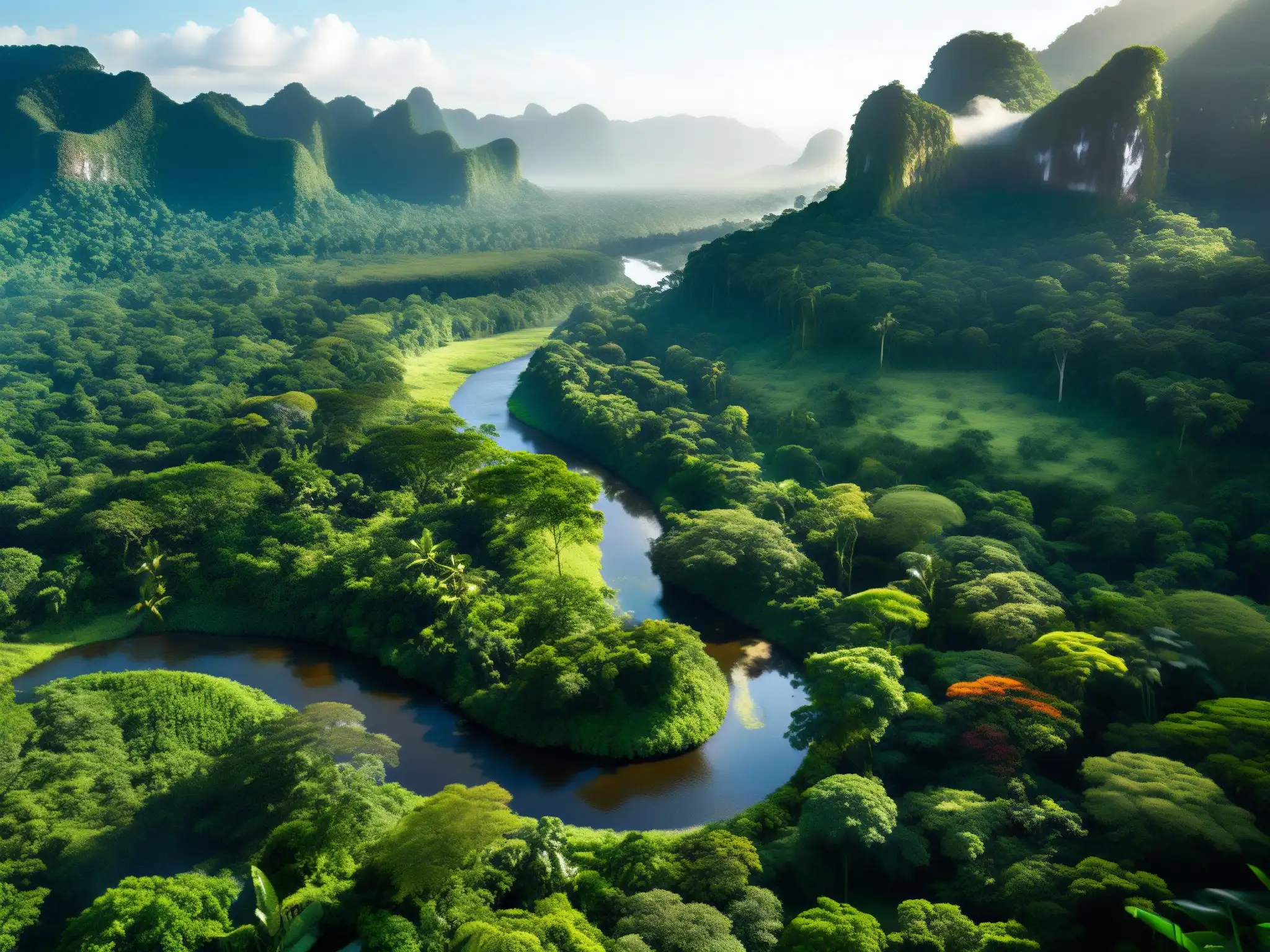 Escena exuberante de la selva amazónica con árboles imponentes, follaje vibrante y un río serpenteante