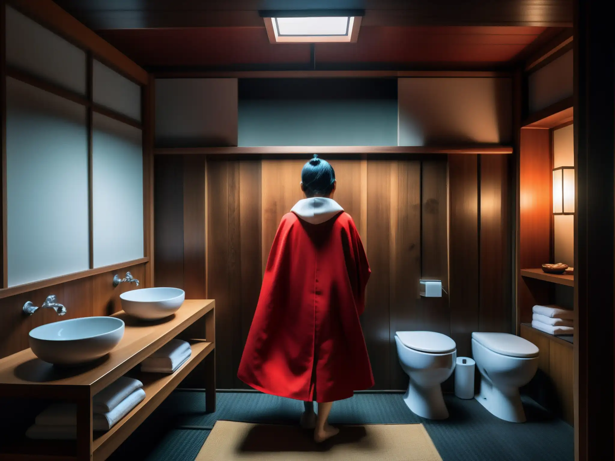 Escena inquietante en baño japonés con figura en capa roja y máscara Noh