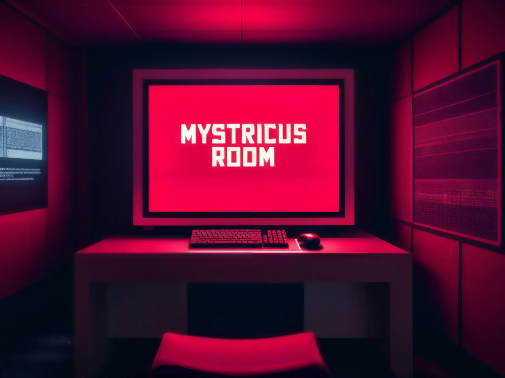 Escena inquietante en una habitación roja pixelada con figuras misteriosas