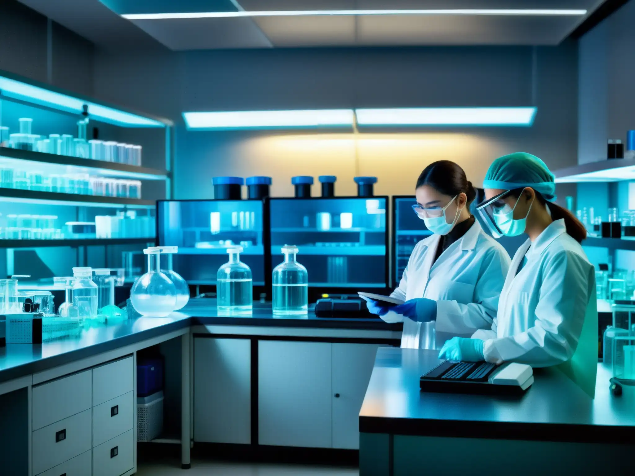 Escena intrigante en laboratorio con científicos investigando muestras virales