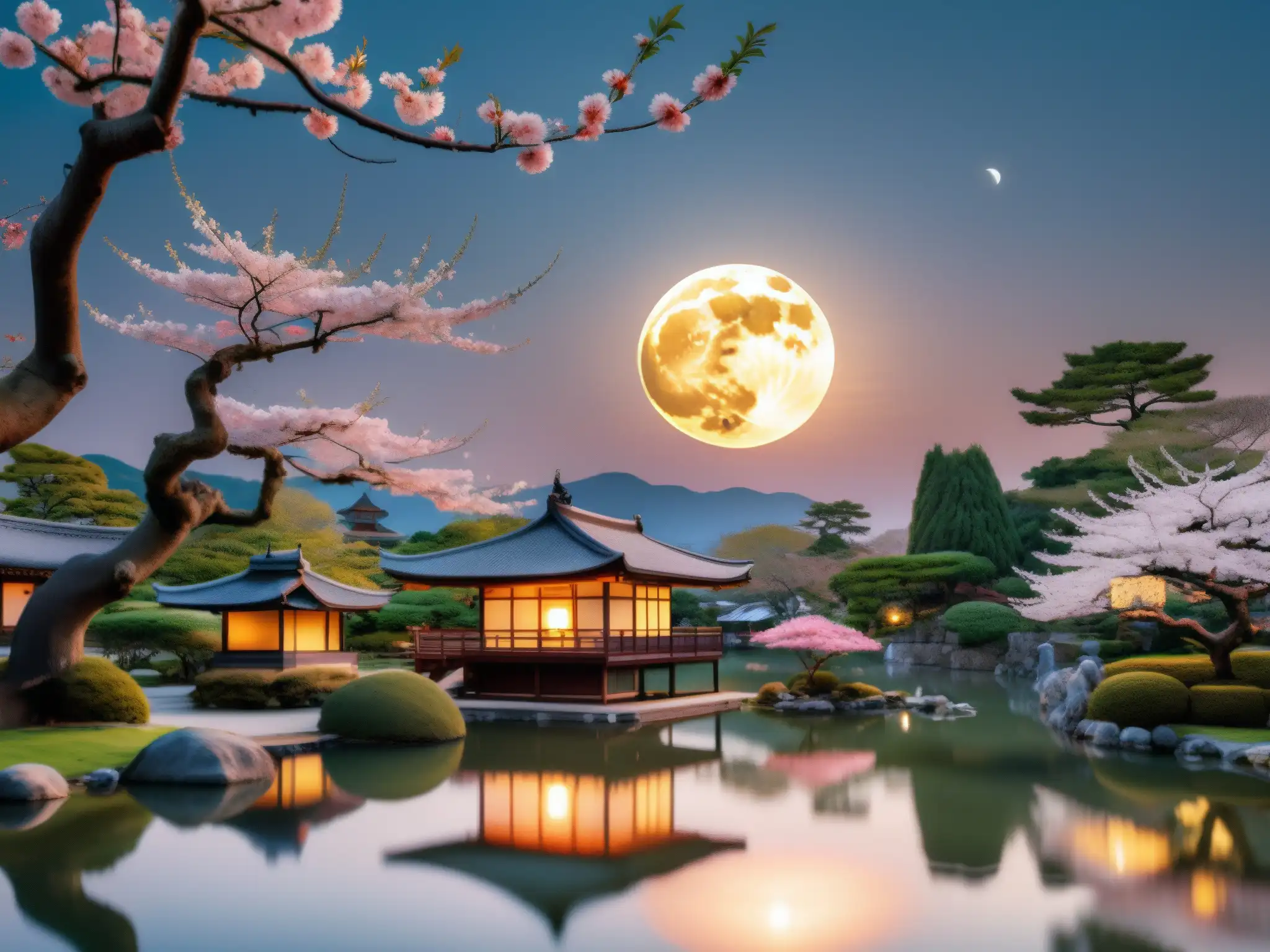 Una escena mágica de la luna llena sobre un jardín japonés, con un toque de misterio y encanto, perfecta para Tsukuyomi leyendas urbanas luna llena