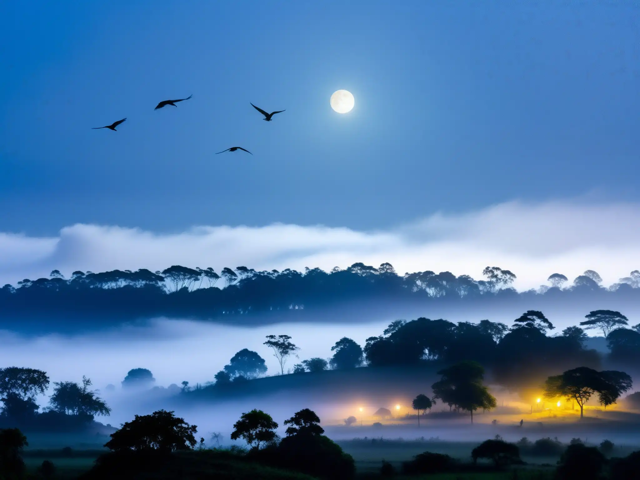 Escena misteriosa con aves cayendo del cielo sobre Jatinga en la noche de luna llena