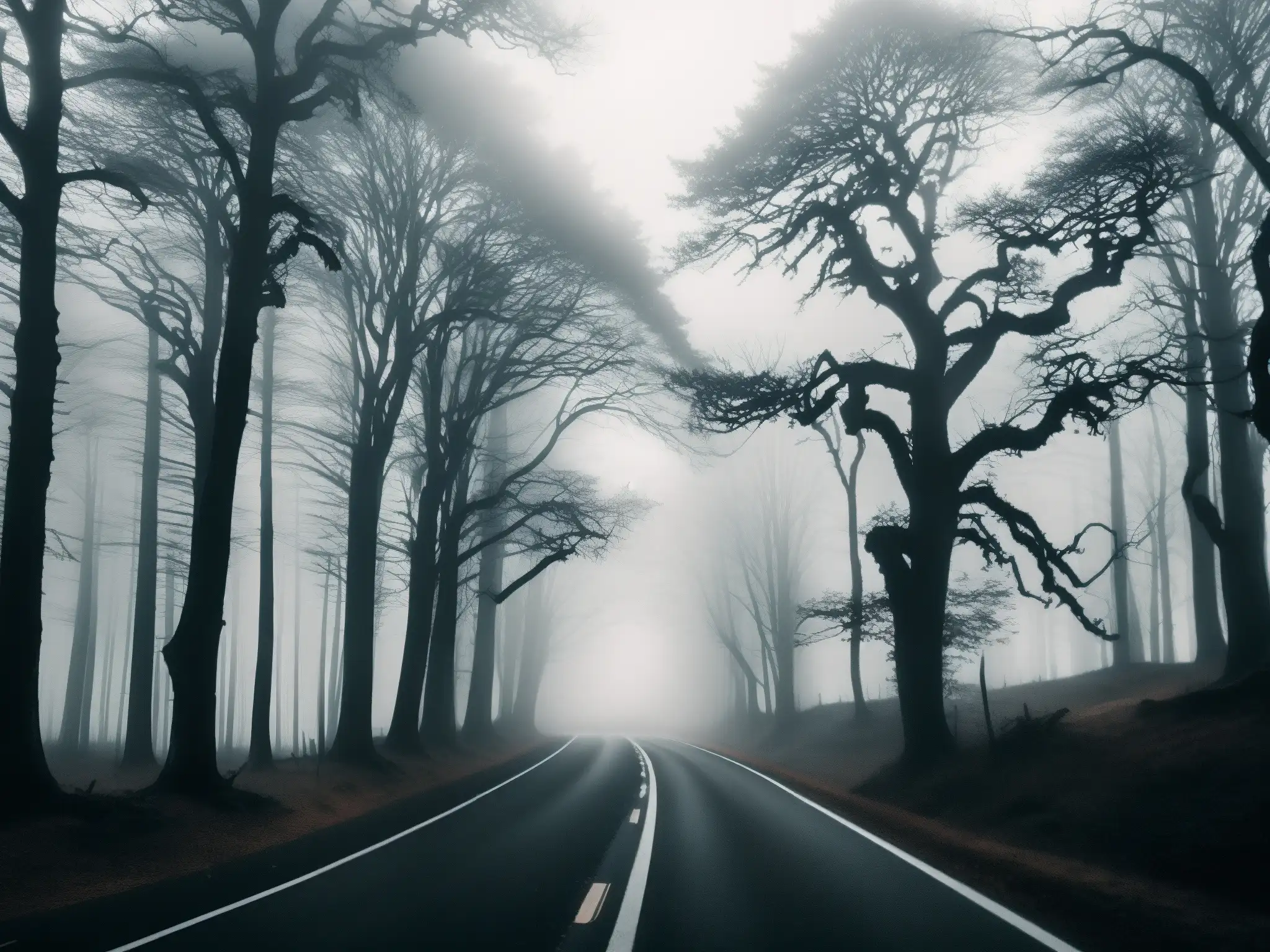 Escena misteriosa de un bosque con un camino serpenteante, árboles retorcidos y una figura oscura a caballo emergiendo de la neblina