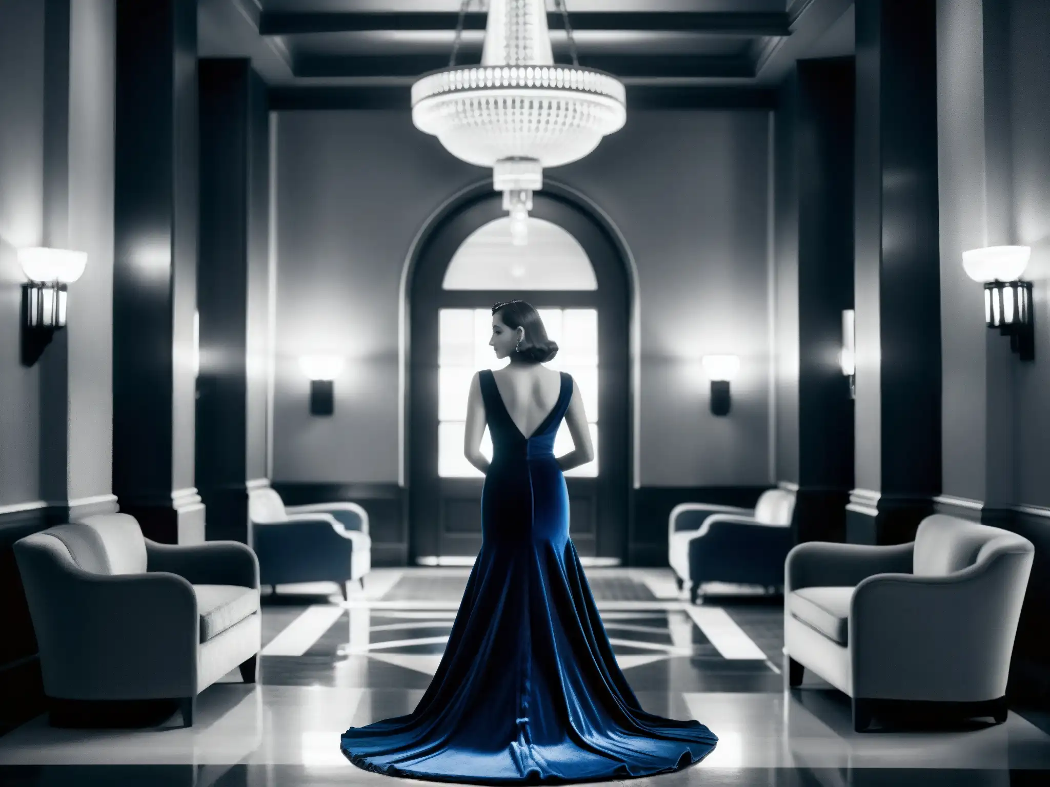 Escena misteriosa con dama en vestido azul en el Hotel Hollywood, elegante y enigmático ambiente art decó