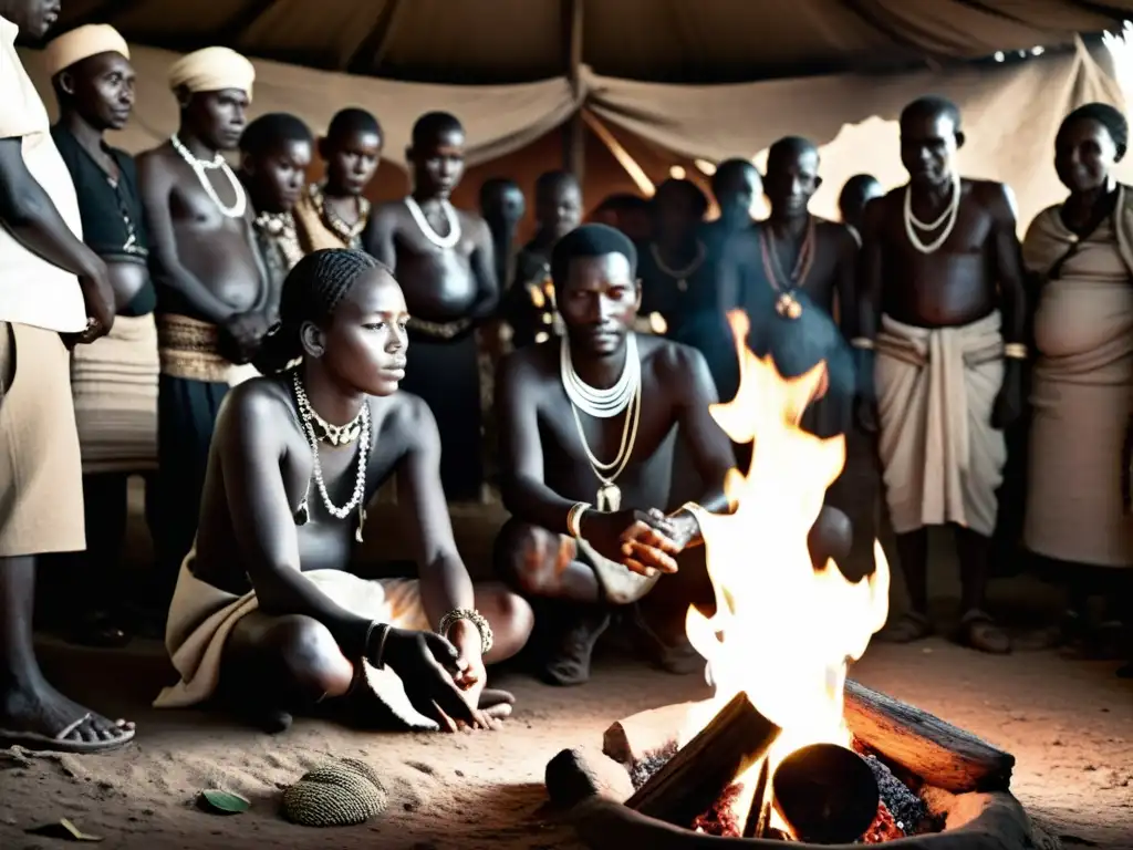 Una escena misteriosa de un ritual alrededor del fuego en una aldea africana, capturando la esencia de la magia negra en leyendas urbanas