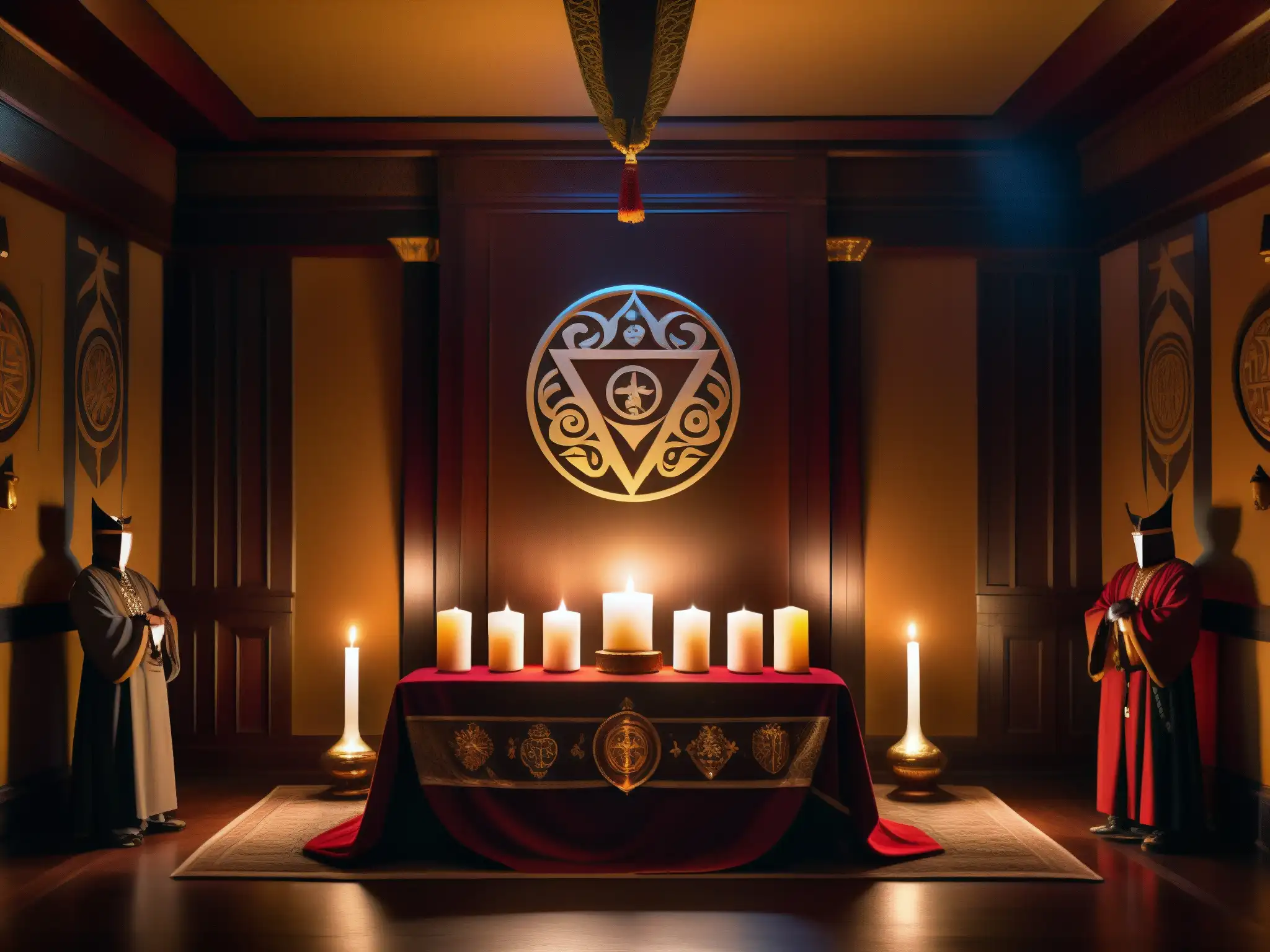 Escena misteriosa de rituales ocultistas élite en habitación sombría iluminada por velas