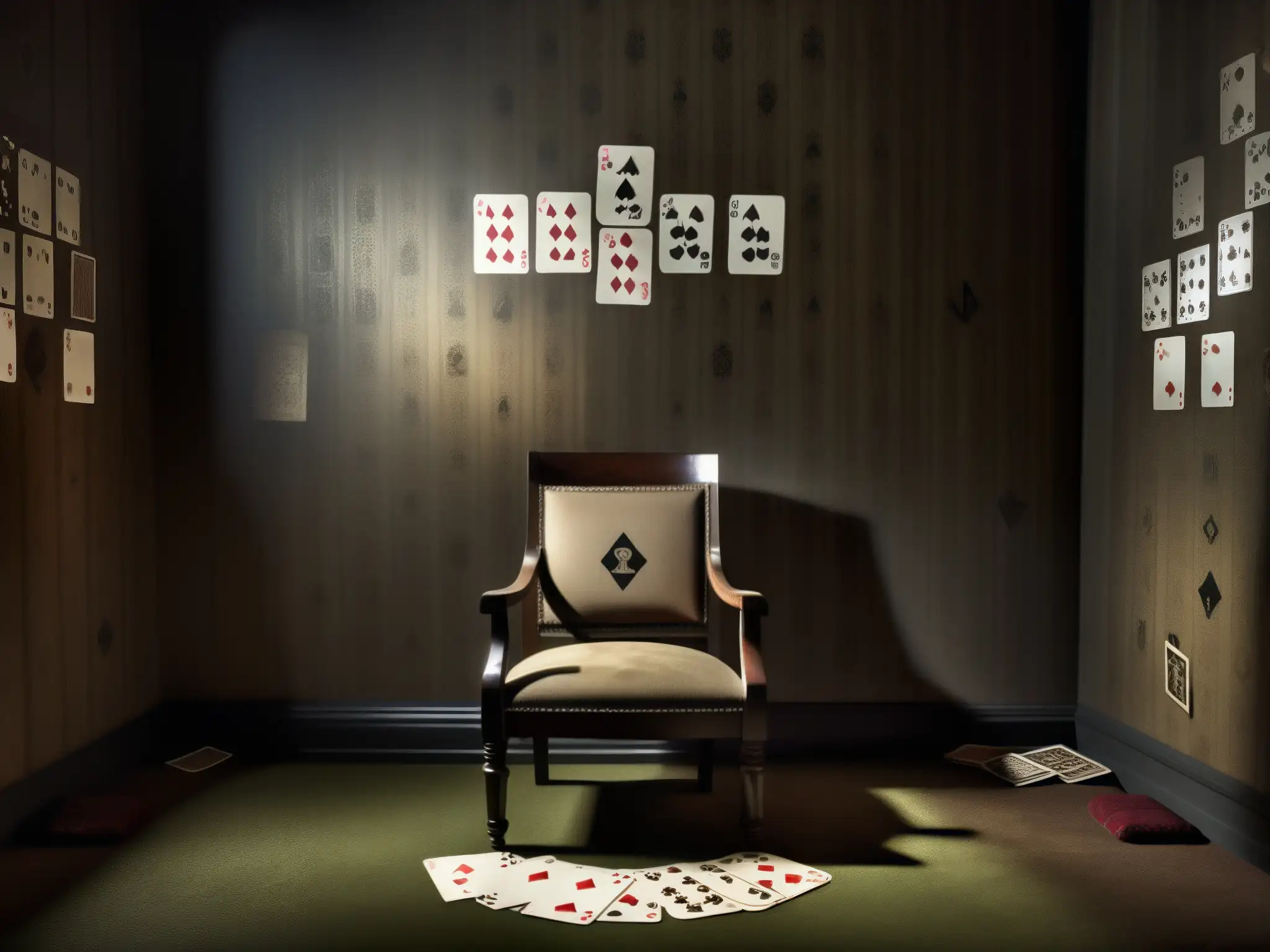 Escena misteriosa con silla rodeada de cartas y muñeca, símbolos en las paredes
