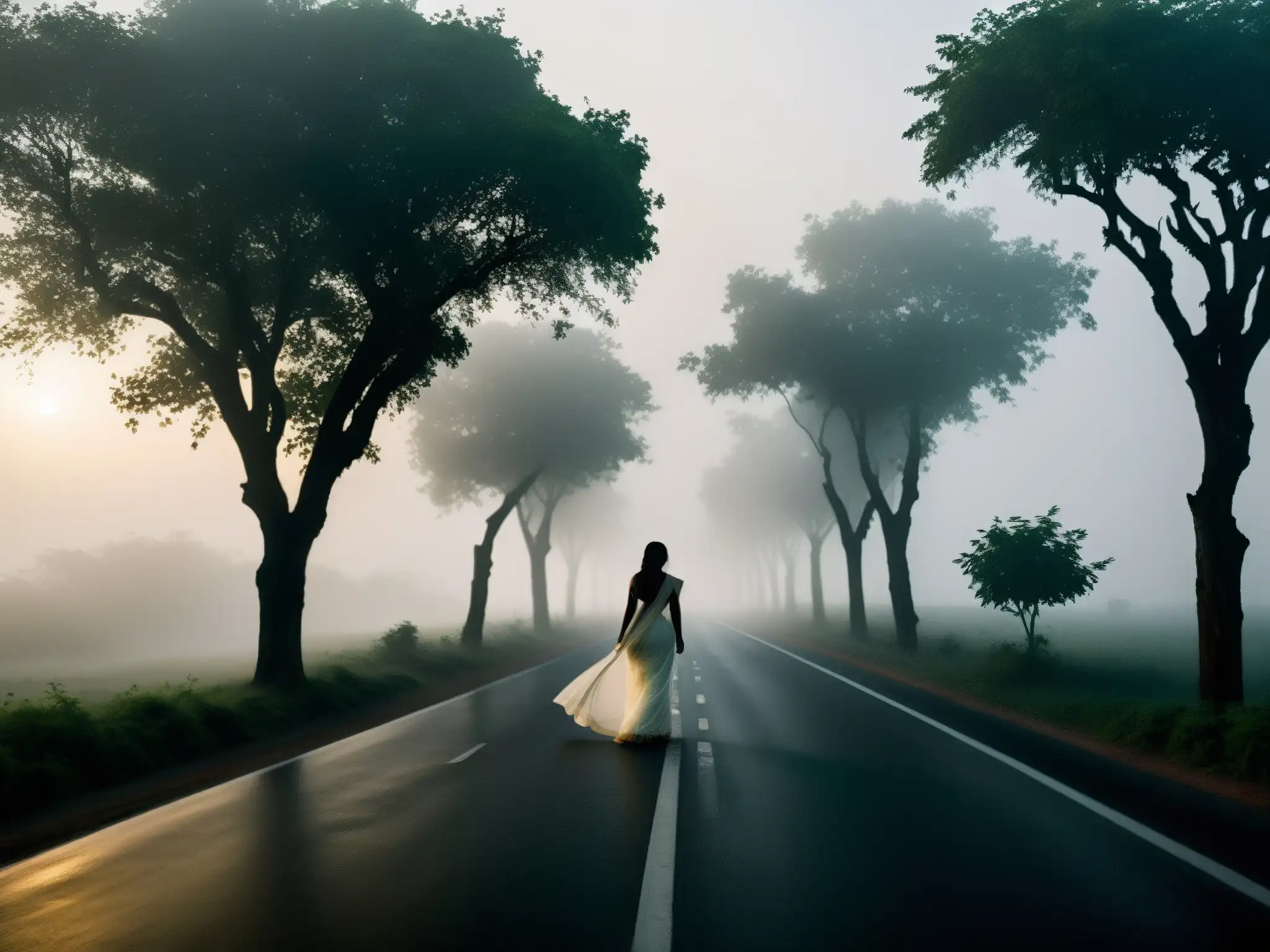 Escena misteriosa en una solitaria carretera de la India, con la aparición de una mujer blanca en un sari, iluminada por faros distantes