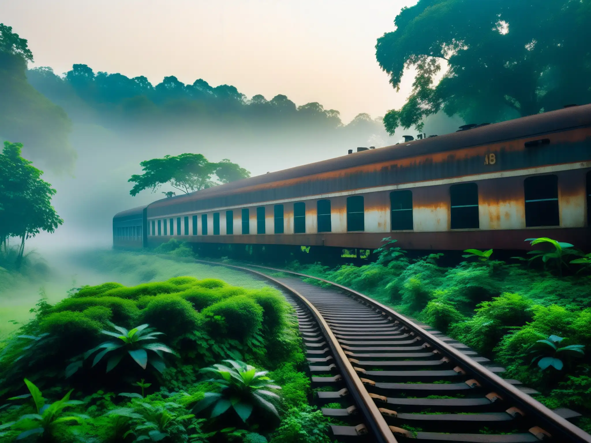 Escena misteriosa de un tren abandonado en la exuberante naturaleza de Bengal