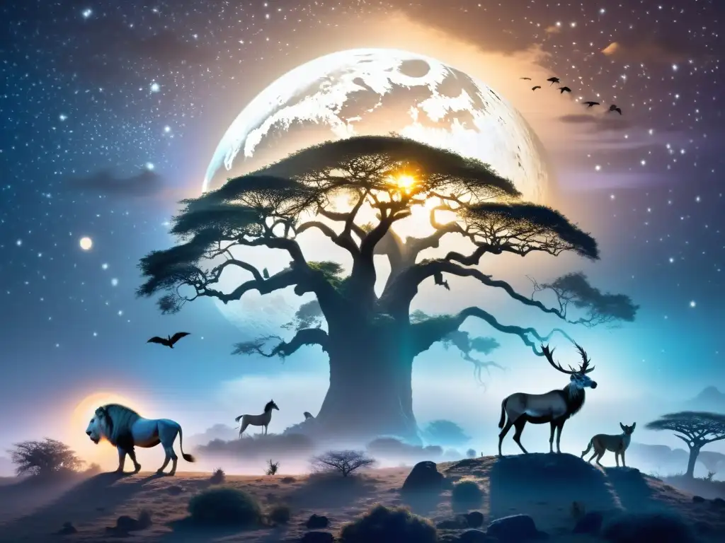 Escena mística de la sabana africana iluminada por la luna, con animales sobrenaturales como el león blanco, la tortuga dragón y la gacela unicornio