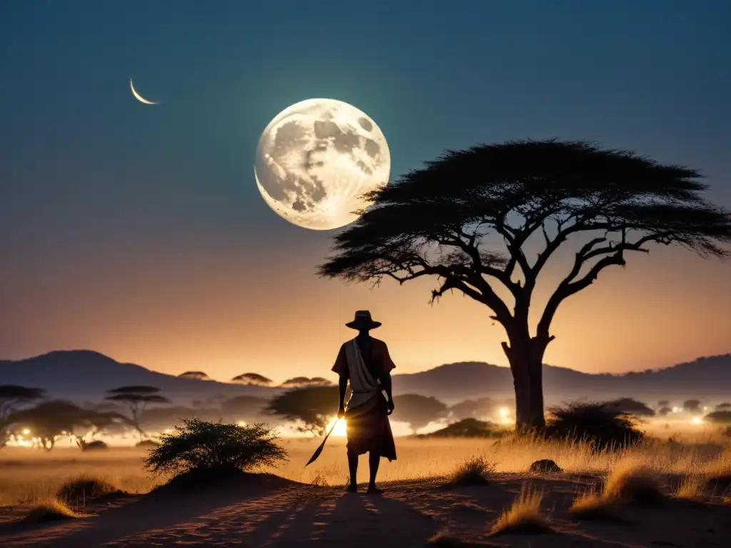 Escena mística de la sabana africana iluminada por la luna llena, evocando el origen mitológico hombres lobo África