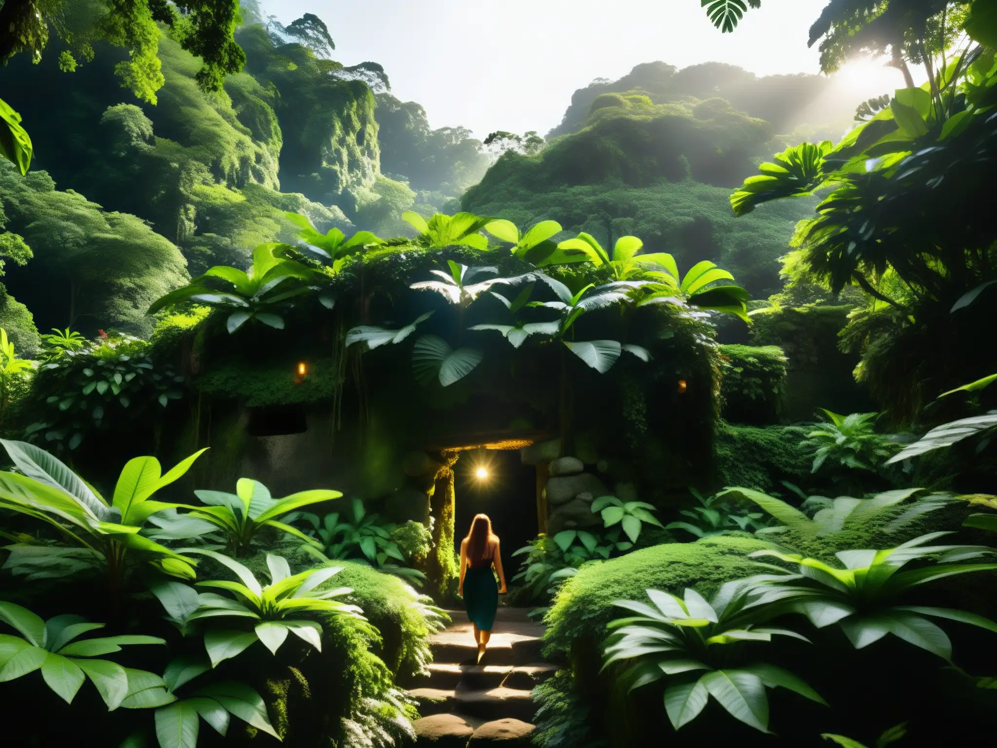 Una escena mística en la selva de Costa Rica con La Tulevieja, figura legendario de Costa Rica, entre ruinas cubiertas de musgo