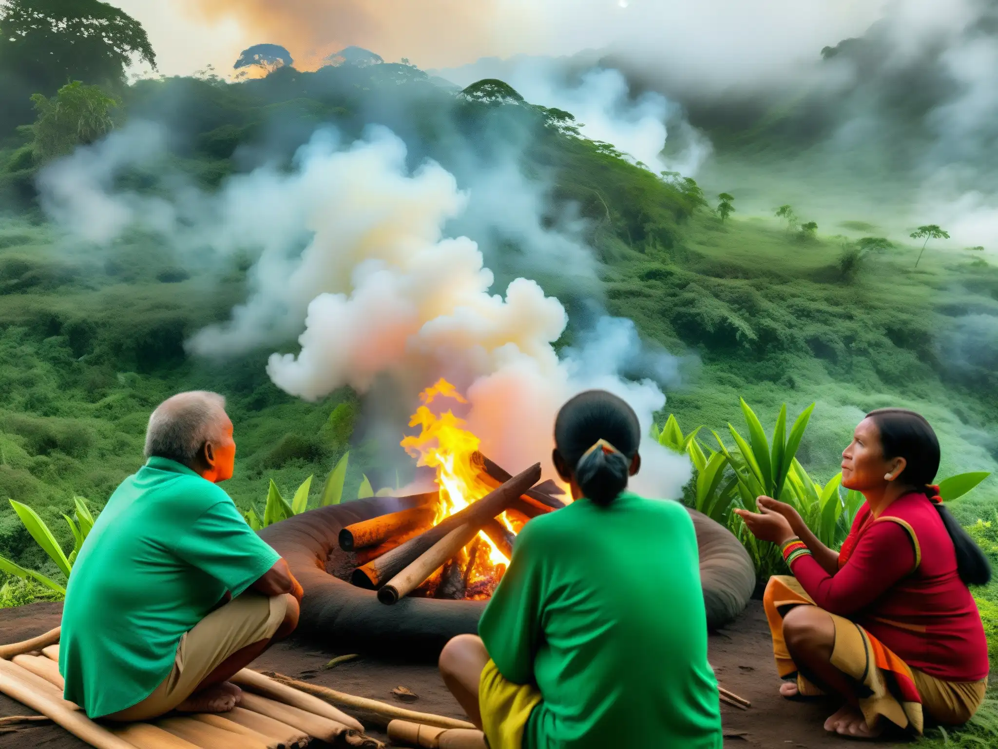 Una escena mística en la selva ecuatoriana con los Kichwa escuchando historias de El tesoro mítico de las iguanas de oro