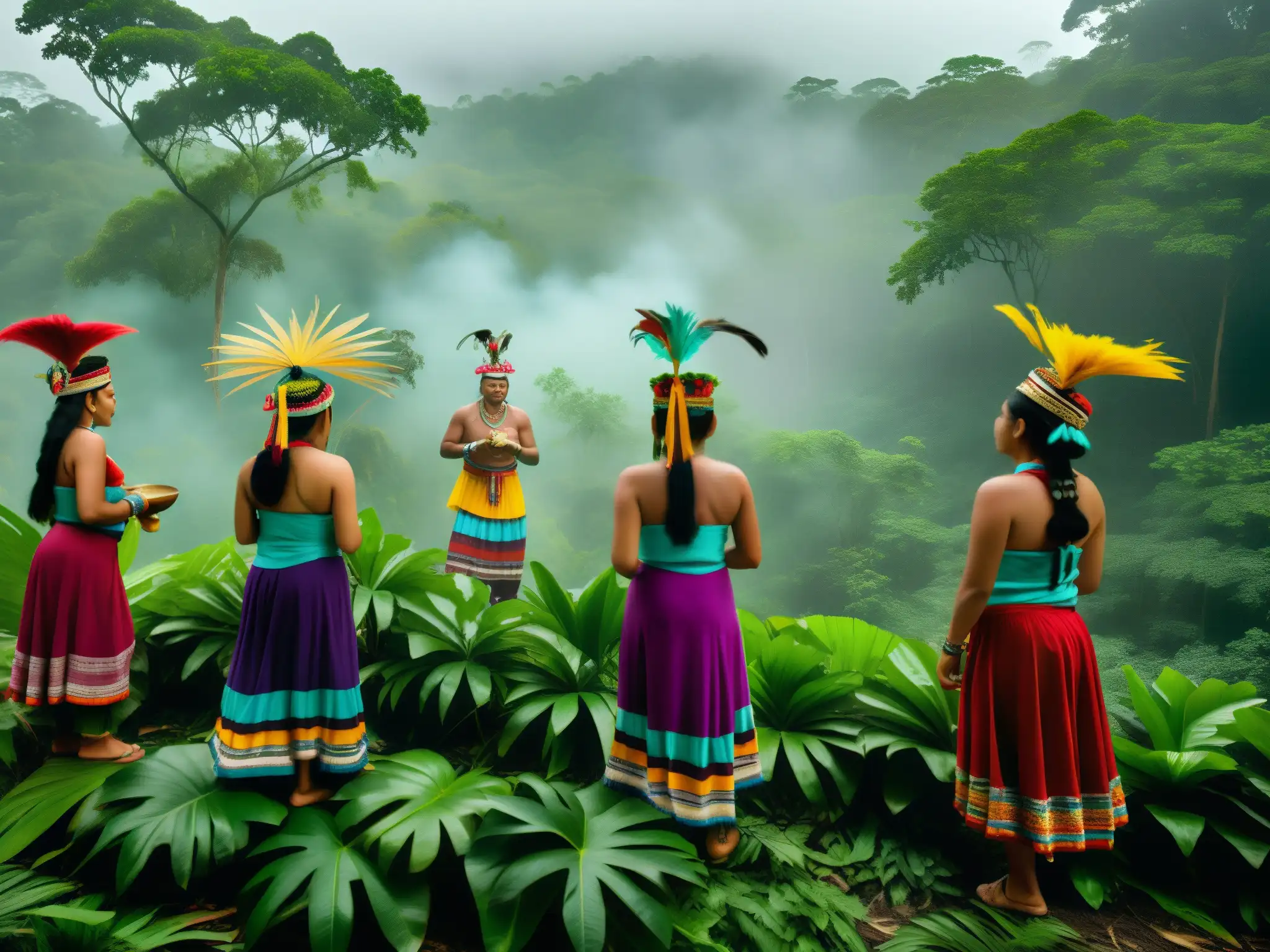 Una escena mística en la selva: mayas realizan ritual para honrar a Los Aluxes en la mitología maya, vistiendo atuendos coloridos y haciendo ofrendas