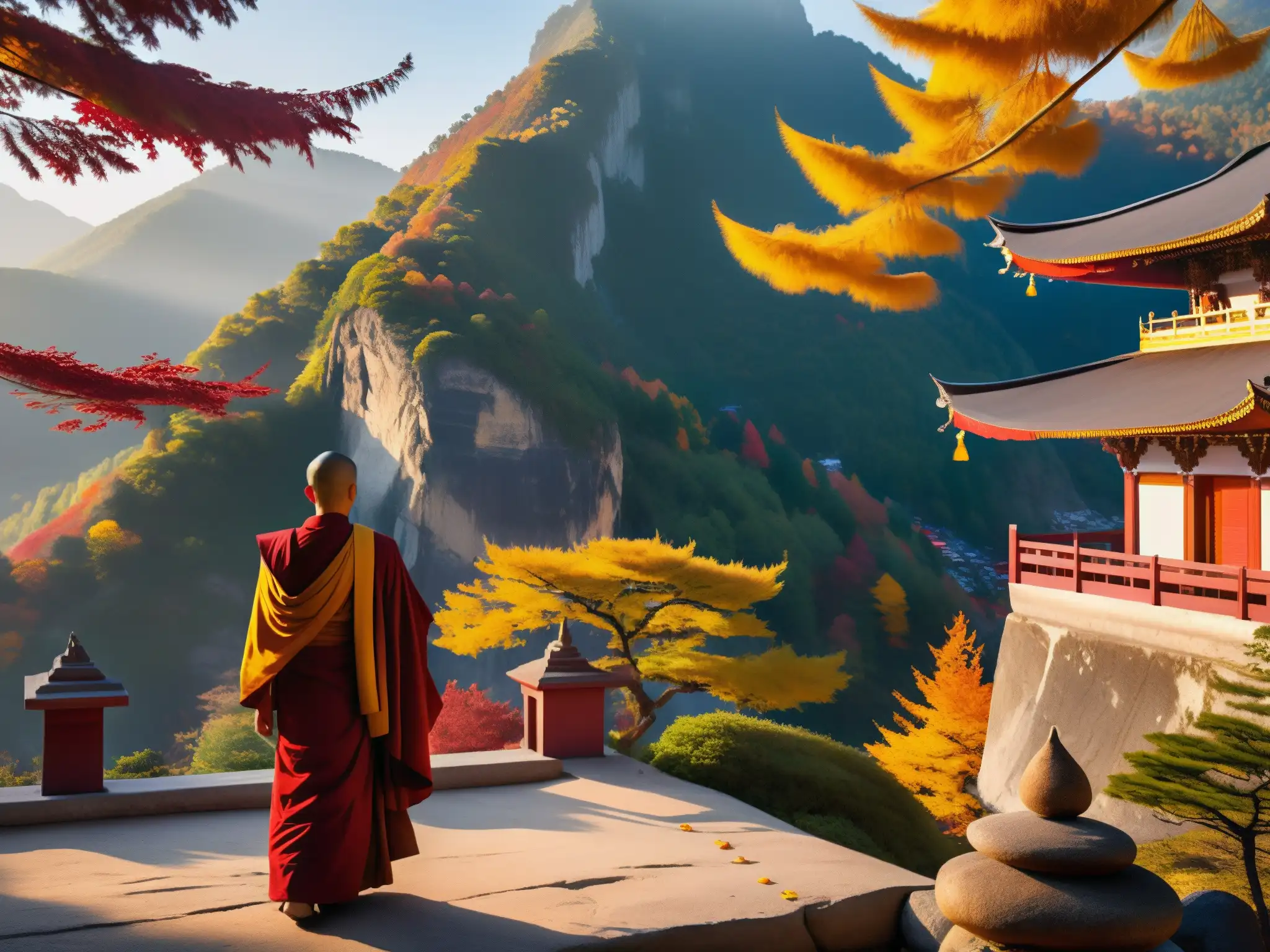 Escena mística al amanecer con temple budista en la montaña, monjes meditando y colores otoñales