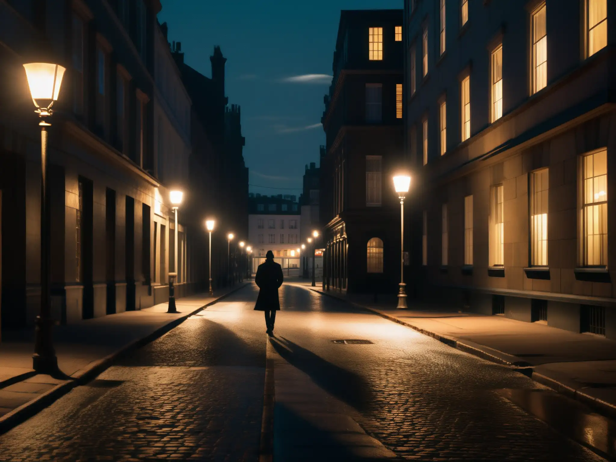 Escena nocturna en la ciudad con figura solitaria bajo farola temblorosa, proyectando sombras largas
