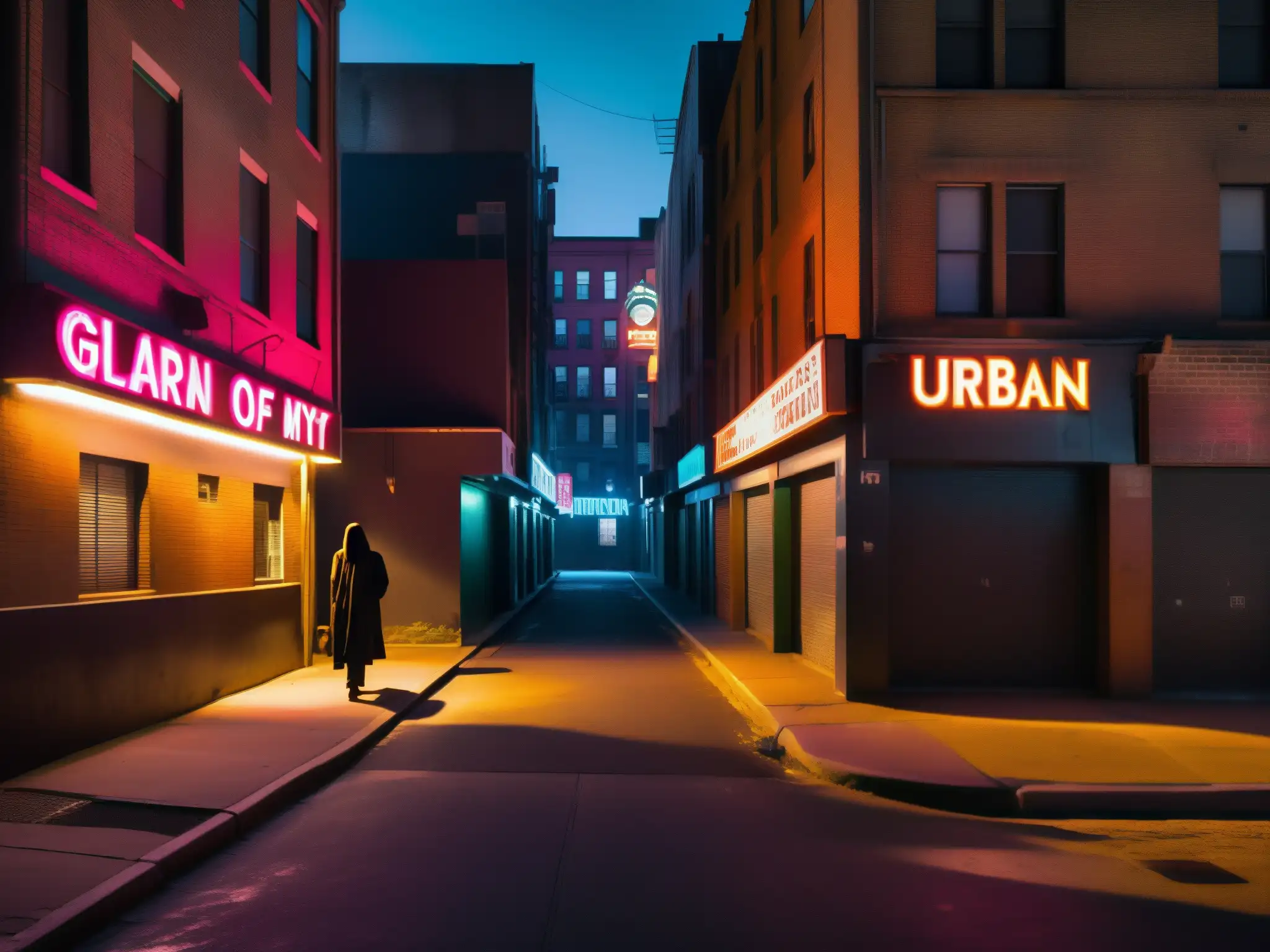 Escena nocturna en la ciudad con figuras en las sombras y paredes graffiteadas