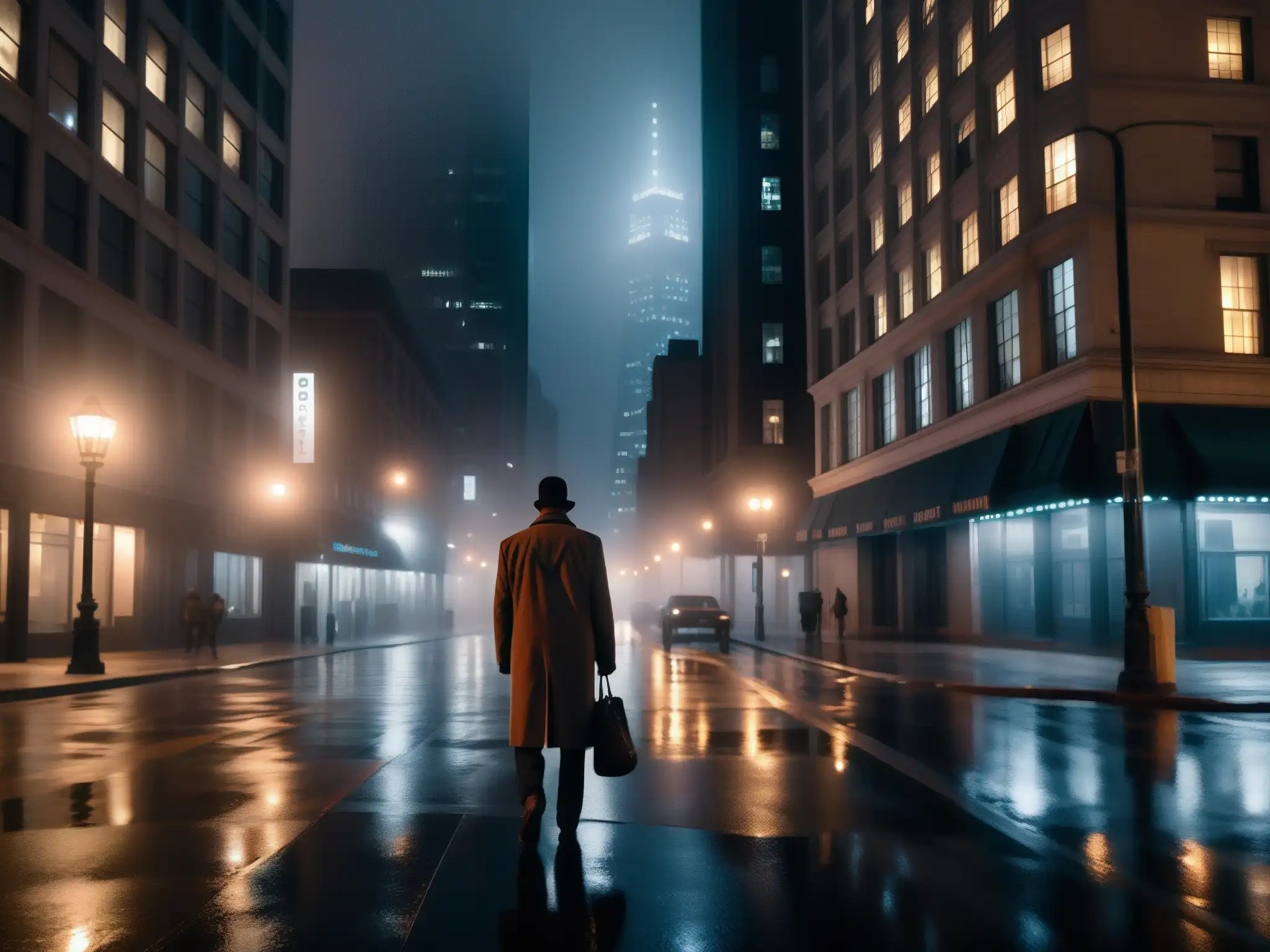 Escena nocturna en la ciudad con neblina alrededor de un rascacielos, iluminada por farola