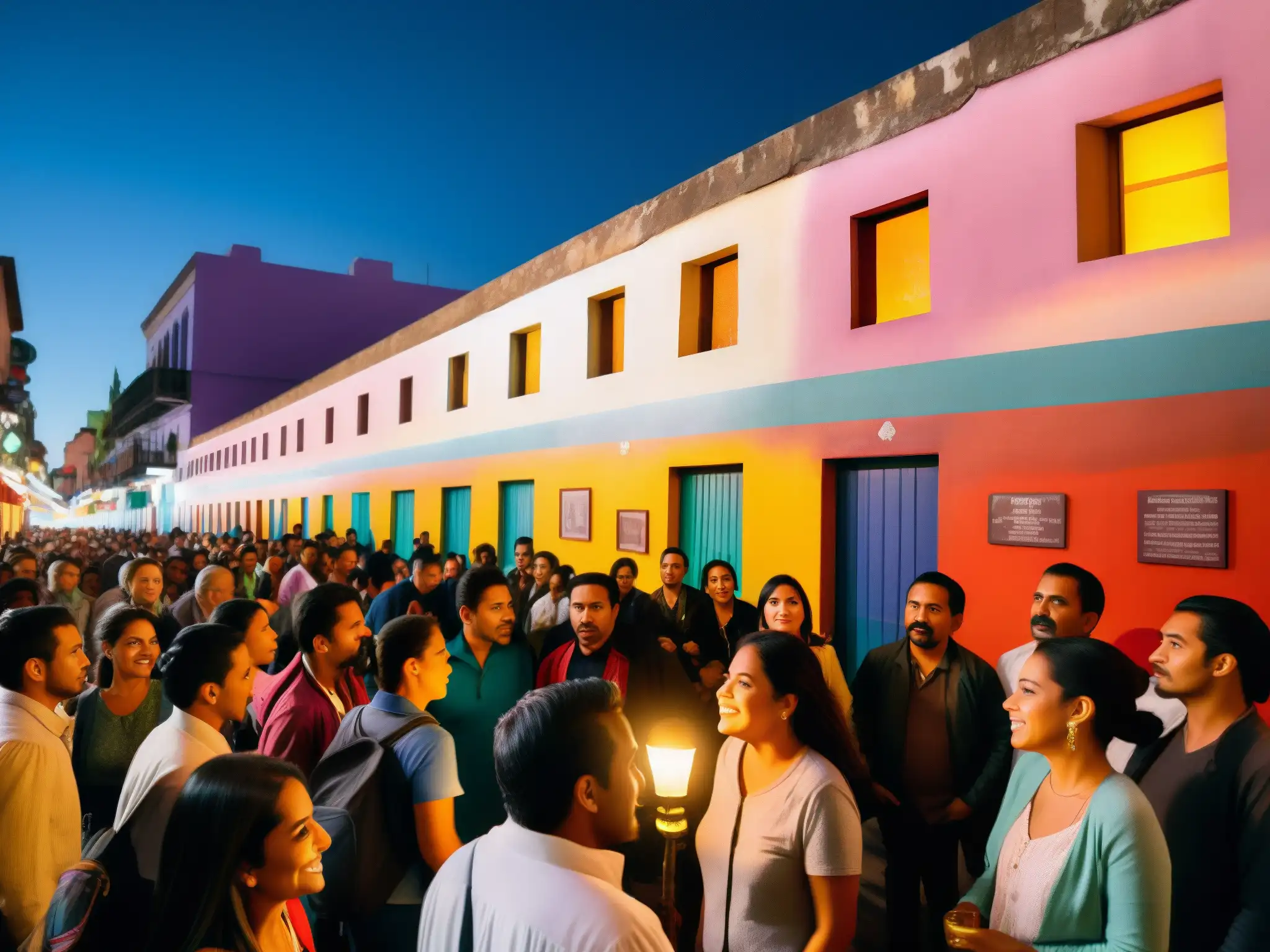 Escena nocturna en México: murales, narrador de historias y grupo de escuchas