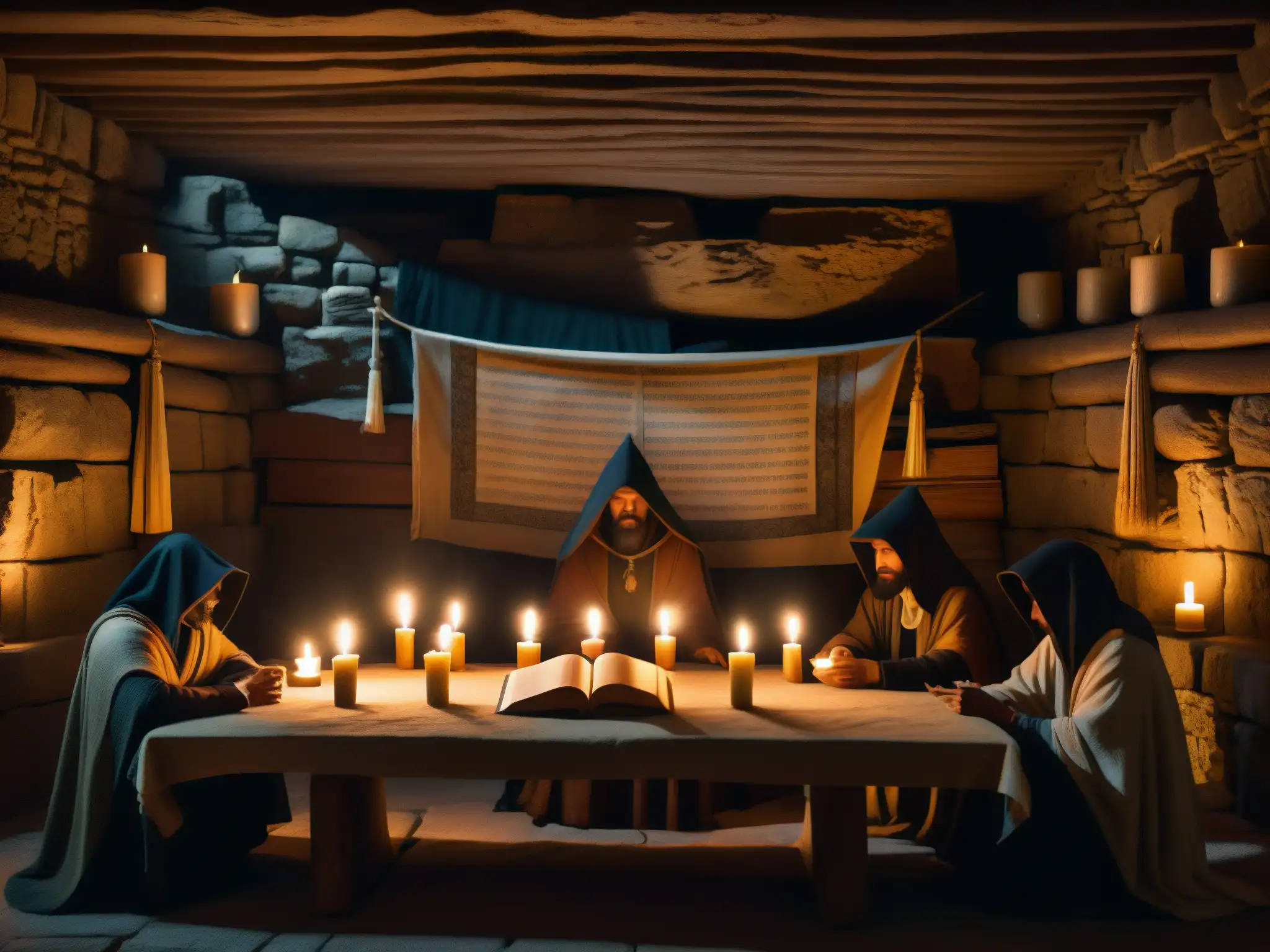 Escena de rituales secretos en un club bohemio: figuras en capa alrededor de una mesa con tomos antiguos y velas, bajo una tenue luz de vela