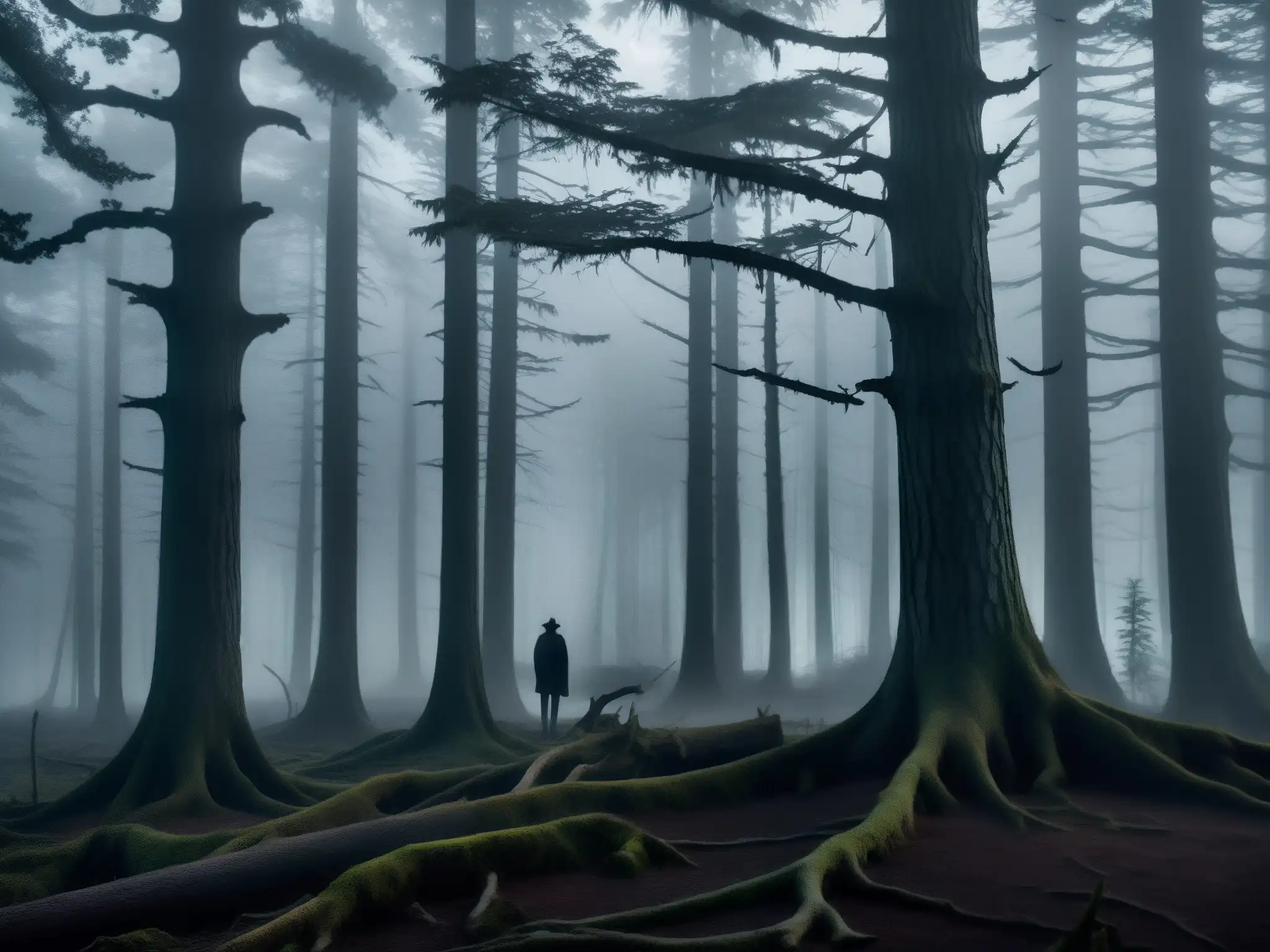 Escena tenebrosa en un bosque oscuro al anochecer con figuras misteriosas entre los árboles