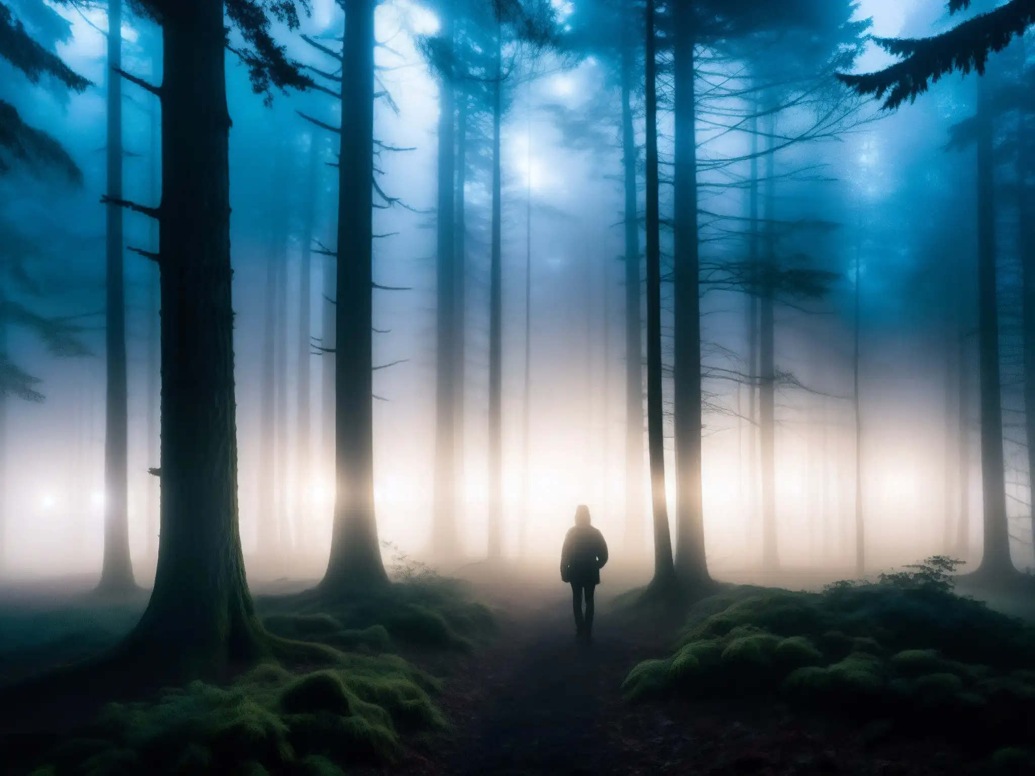 Escena de terror en un bosque oscuro con niebla espesa