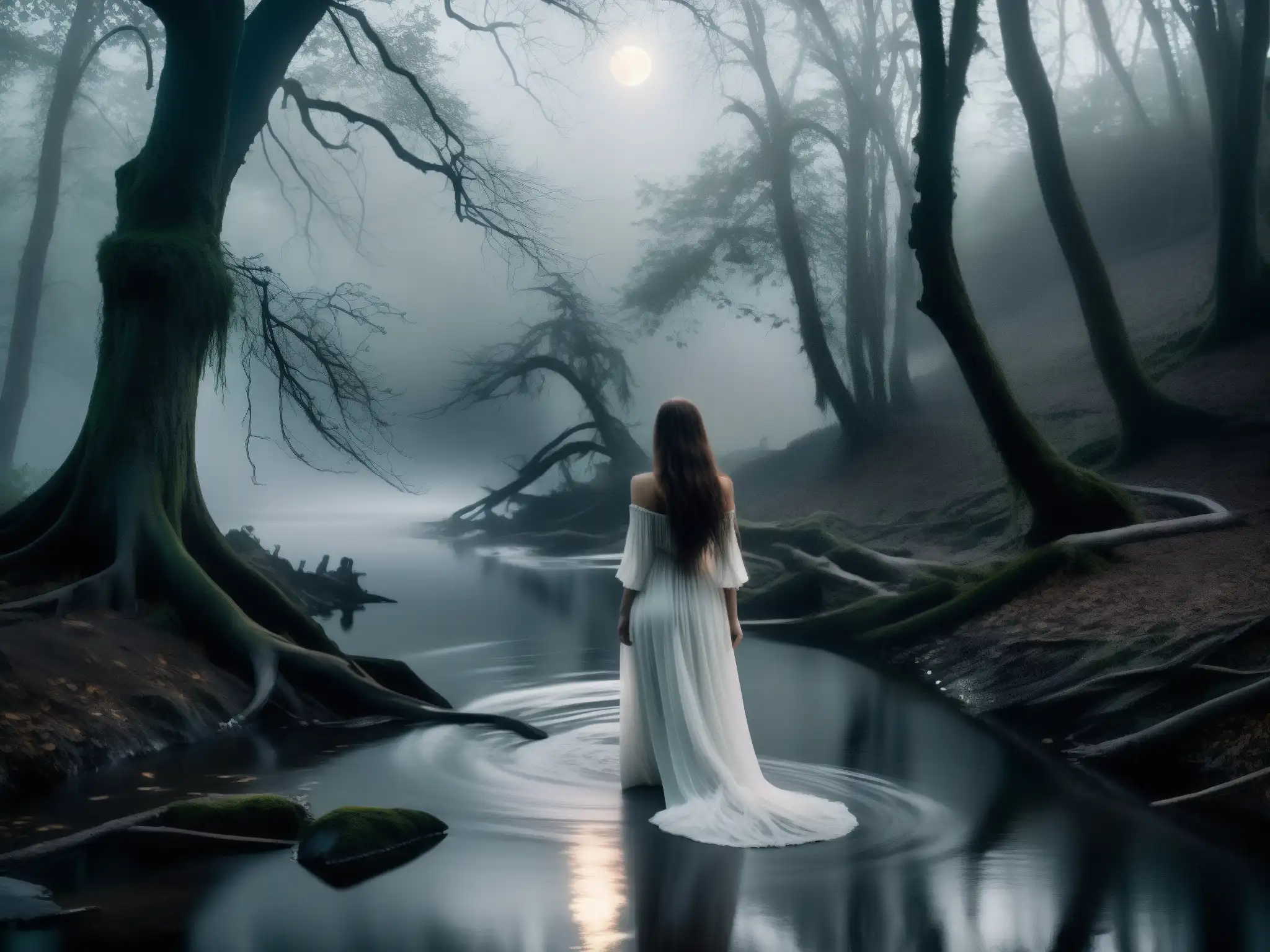 Escena de terror con La Llorona, figura fantasmal en un río bajo la luz de la luna en un bosque oscuro