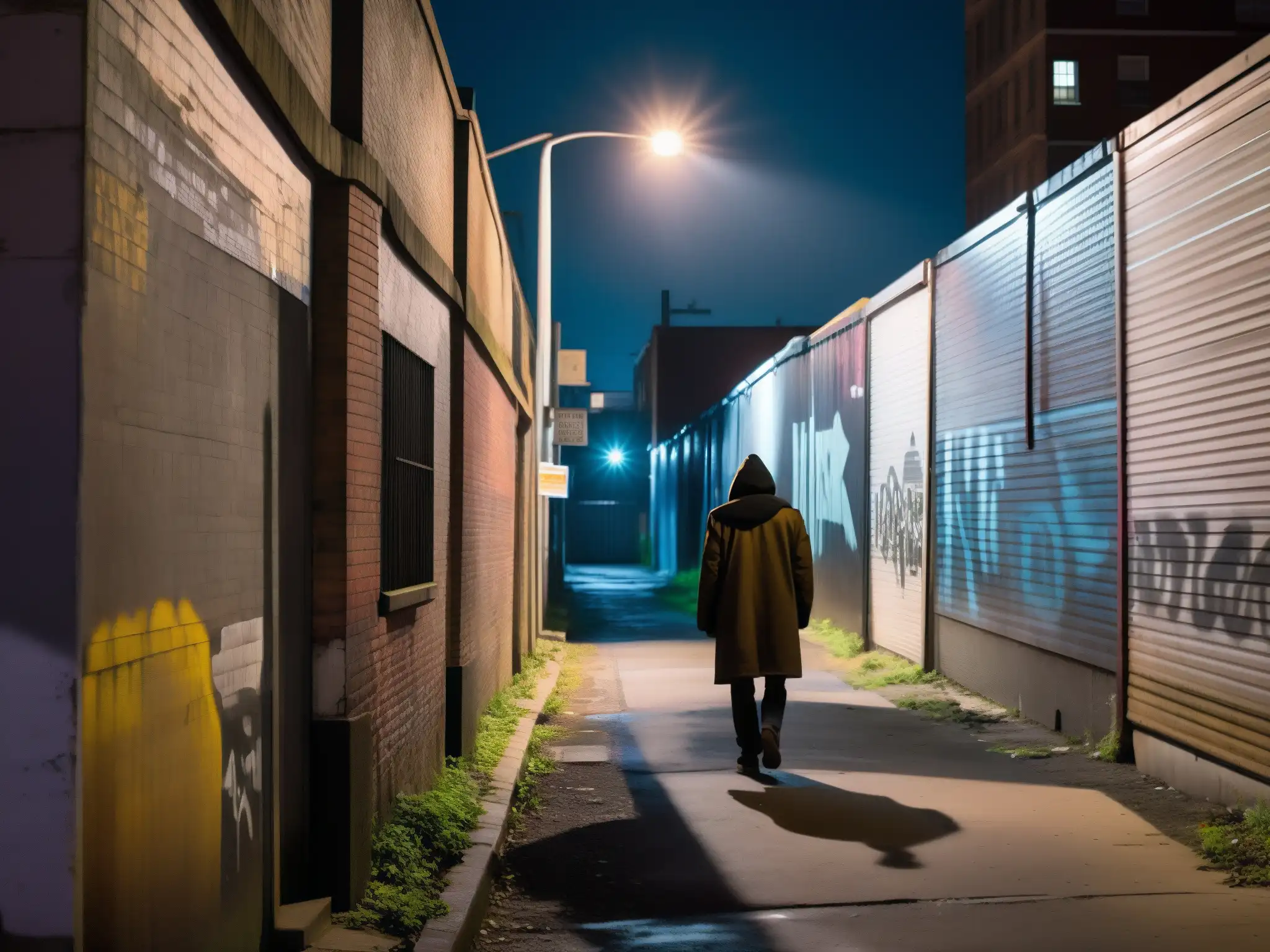 Escena urbana nocturna con grafitis y figura sombría, evocando psicosis urbana leyendas contemporáneas