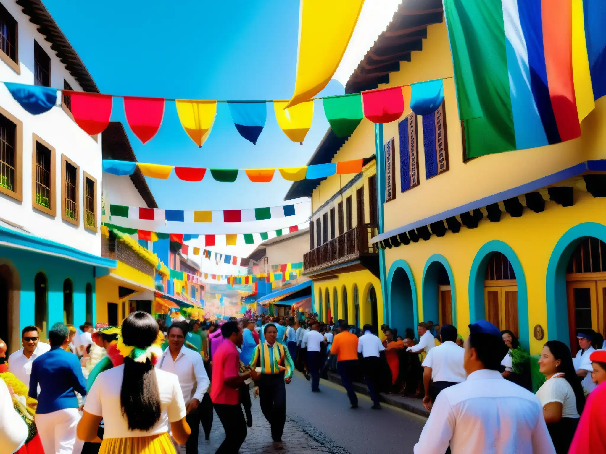 Escena vibrante del festival de San Pacho en América del Sur, con colores, bailes y música en las calles