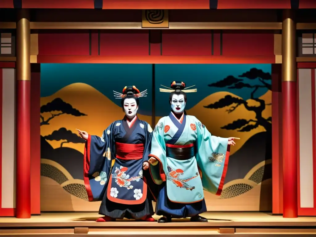 Una escena vibrante de kabuki con el espíritu vengativo de Oiwa en 'Yotsuya Kaidan', teatralidad inmersiva y emociones intensas