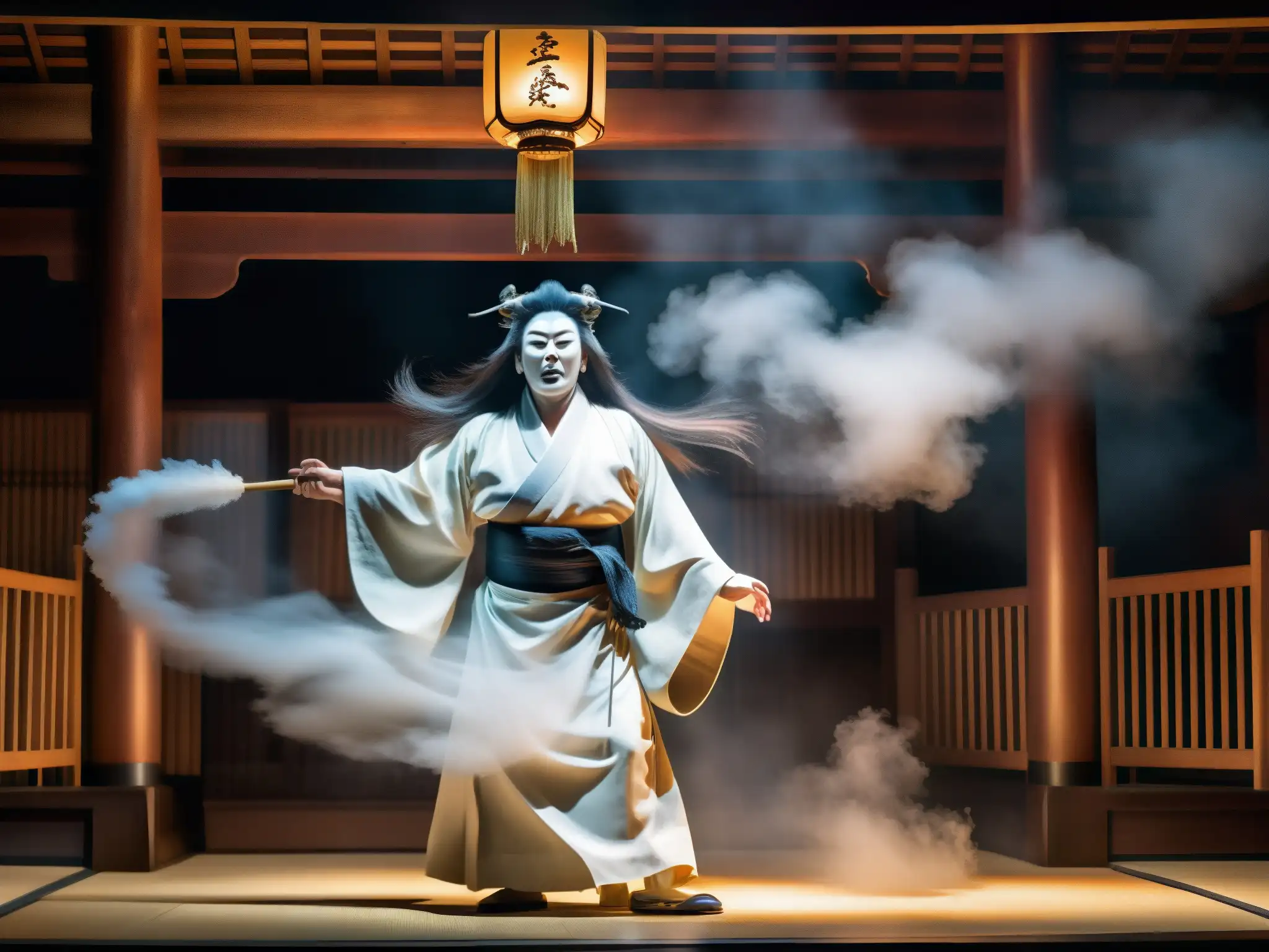 Escenario teatral japonés con un onryō fantasmal vestido de blanco y pelo desaliñado, evocando venganza sobrenatural