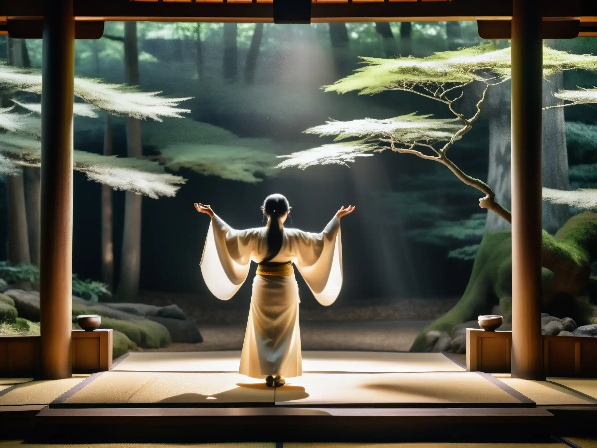 En un escenario tradicional japonés de Noh, una figura fantasmal en kimono blanco se extiende hacia el público en la tenue luz de un foco