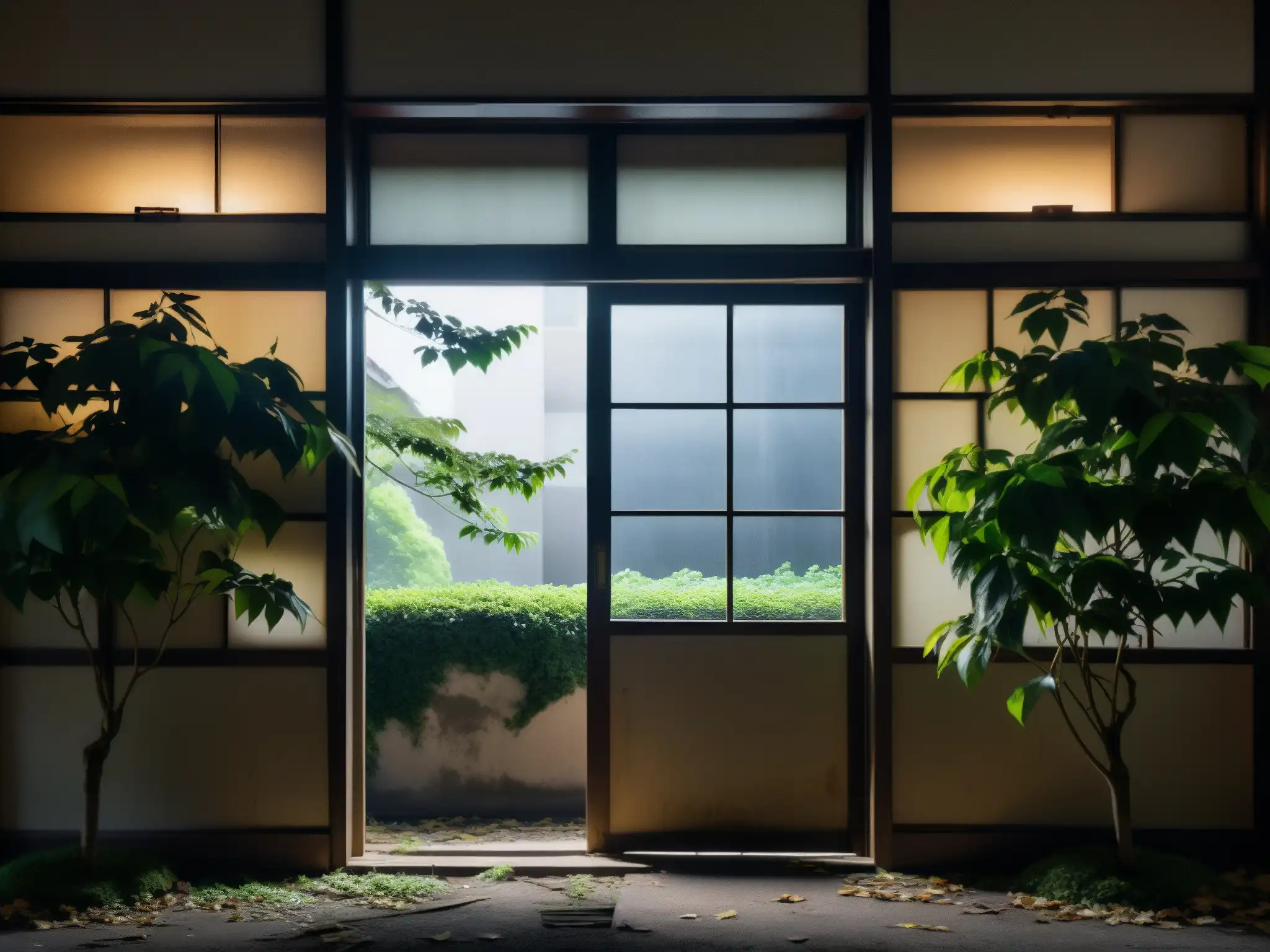 Escuela japonesa abandonada con ambiente espeluznante, papel tattered y silueta misteriosa, ideal para leyendas urbanas japonesas videojuegos