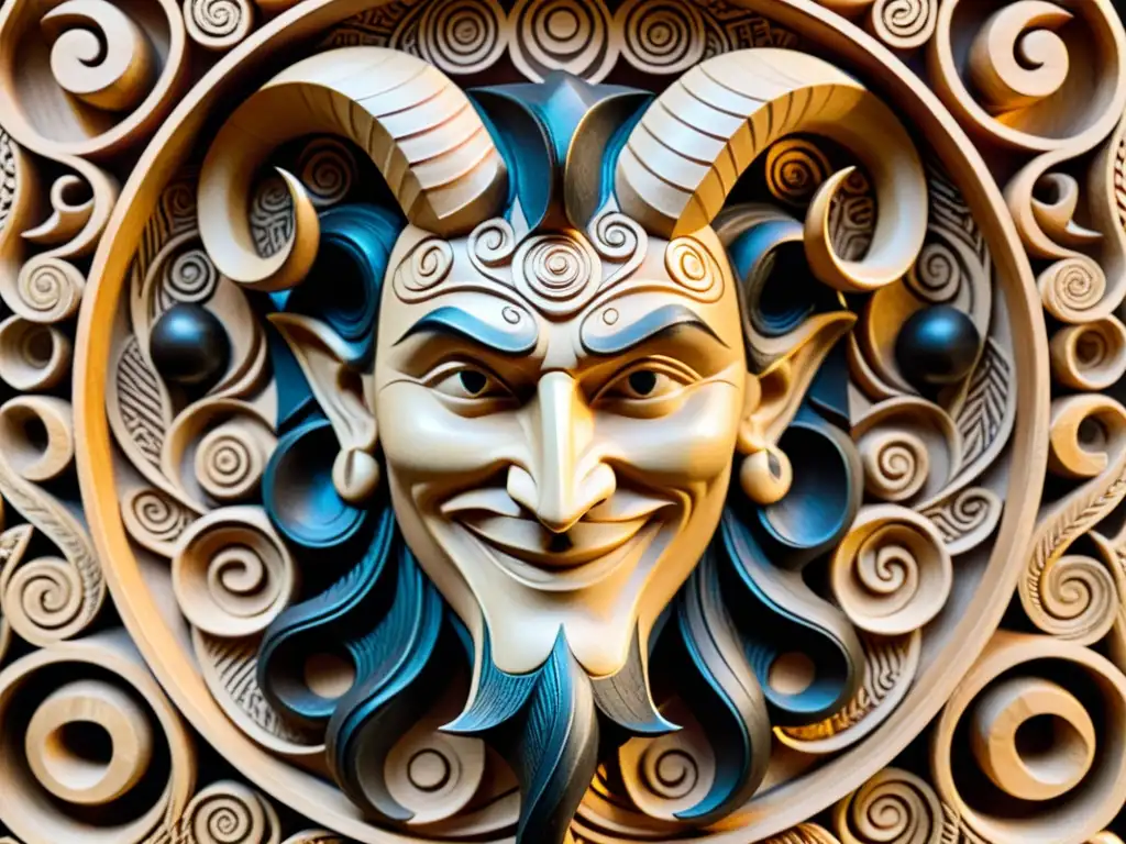 Esculpido detallado de Loki papel en el caos, con expresión pícara y mirada traviesa, rodeado de patrones y símbolos caóticos