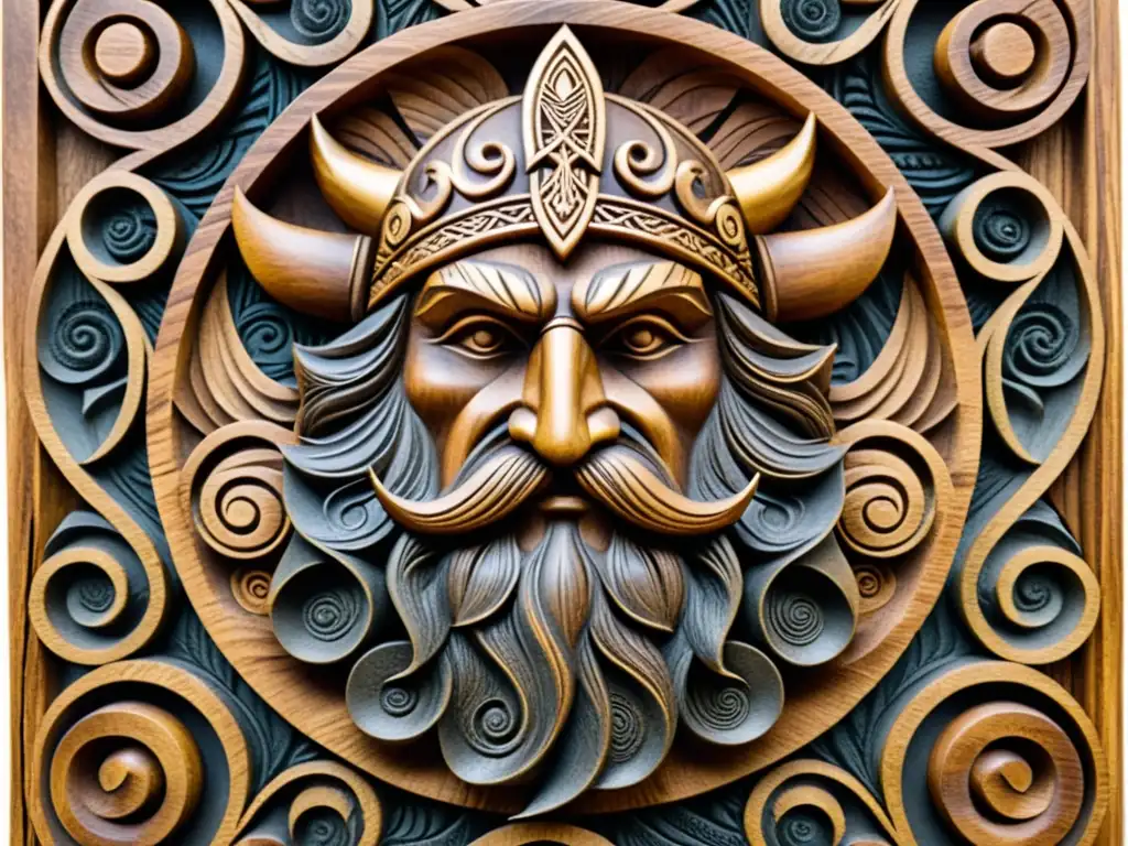 Esculpura de madera de Odin, dios nórdico, rodeado de símbolos vikingos en un paisaje misterioso