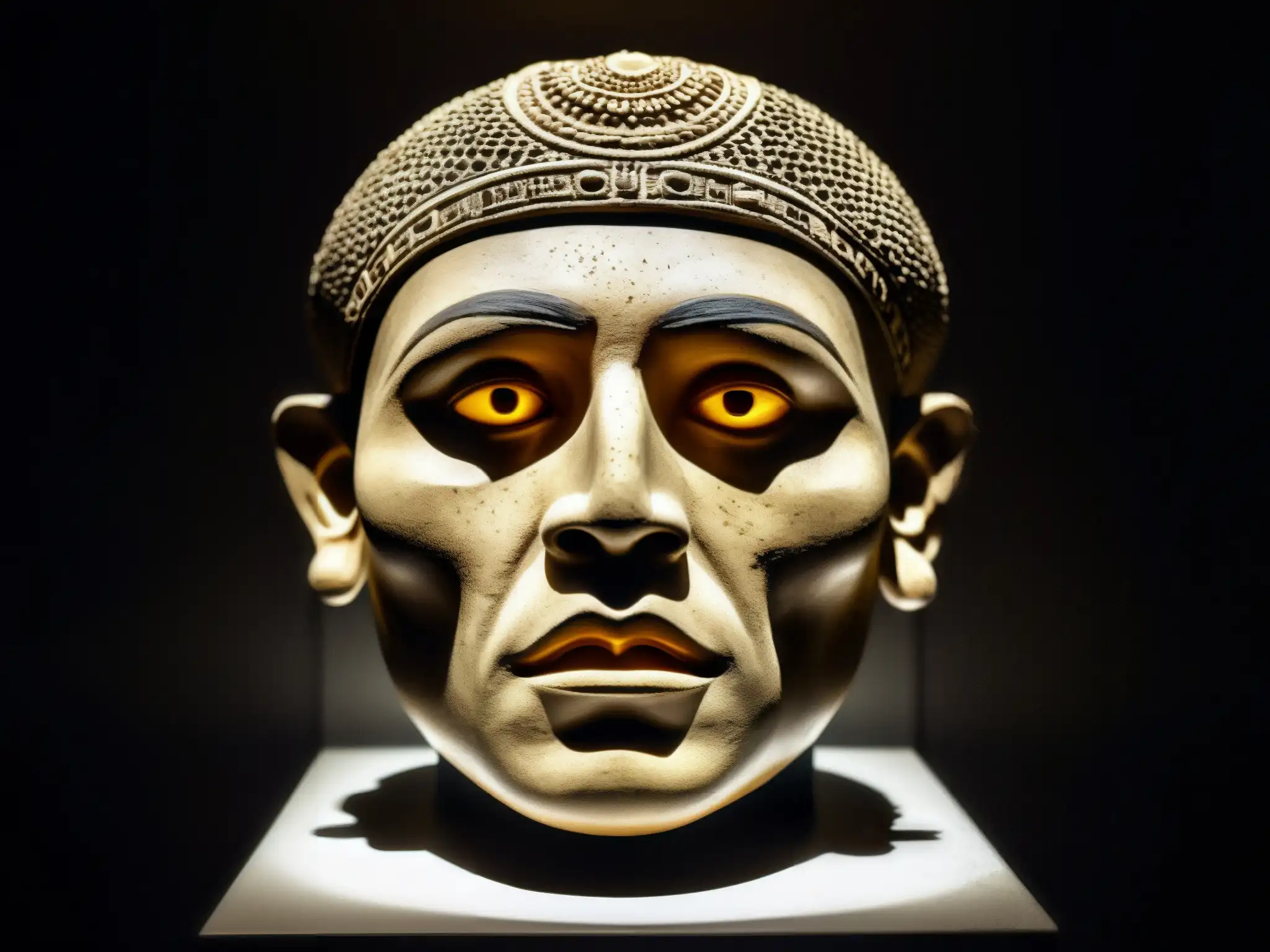 Escultura detallada de la antigua 'Cabeza Parlante' en museo de Ottawa, con aura enigmática y origen maldición