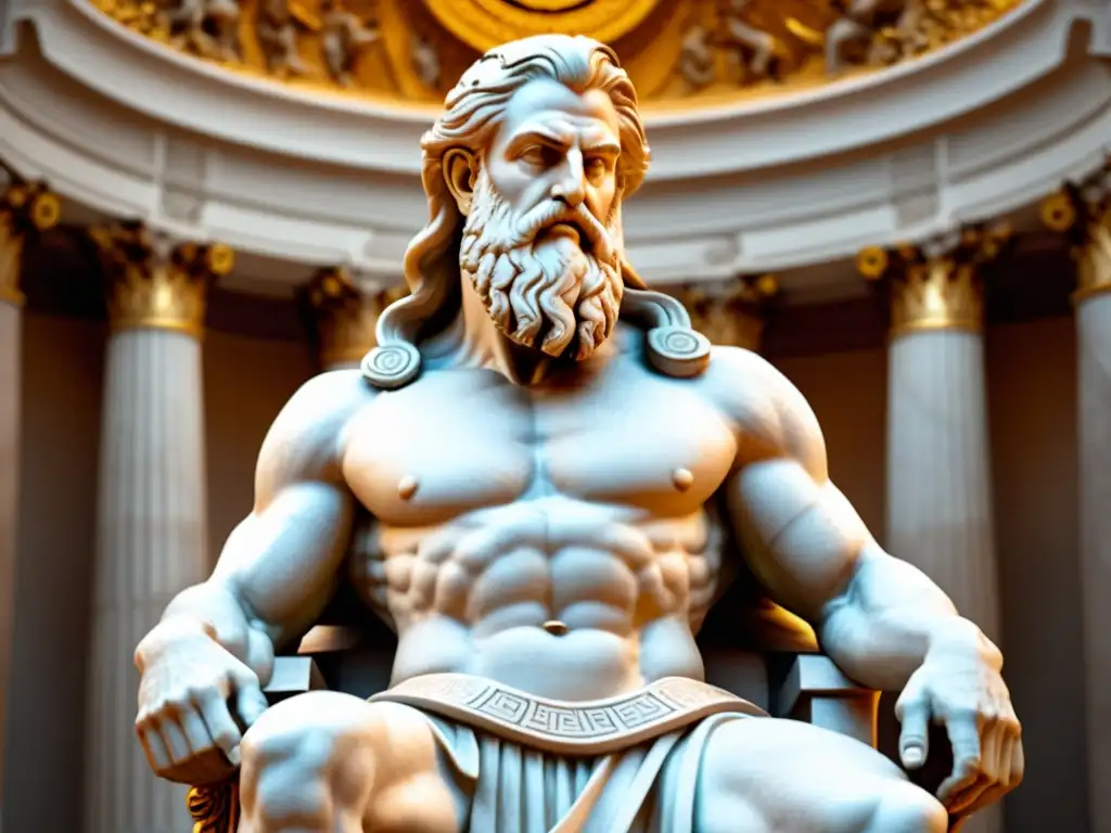 Escultura detallada de Zeus en mármol blanco, con trono y expresión imponente, reflejando la influencia de la antigüedad en leyendas urbanas
