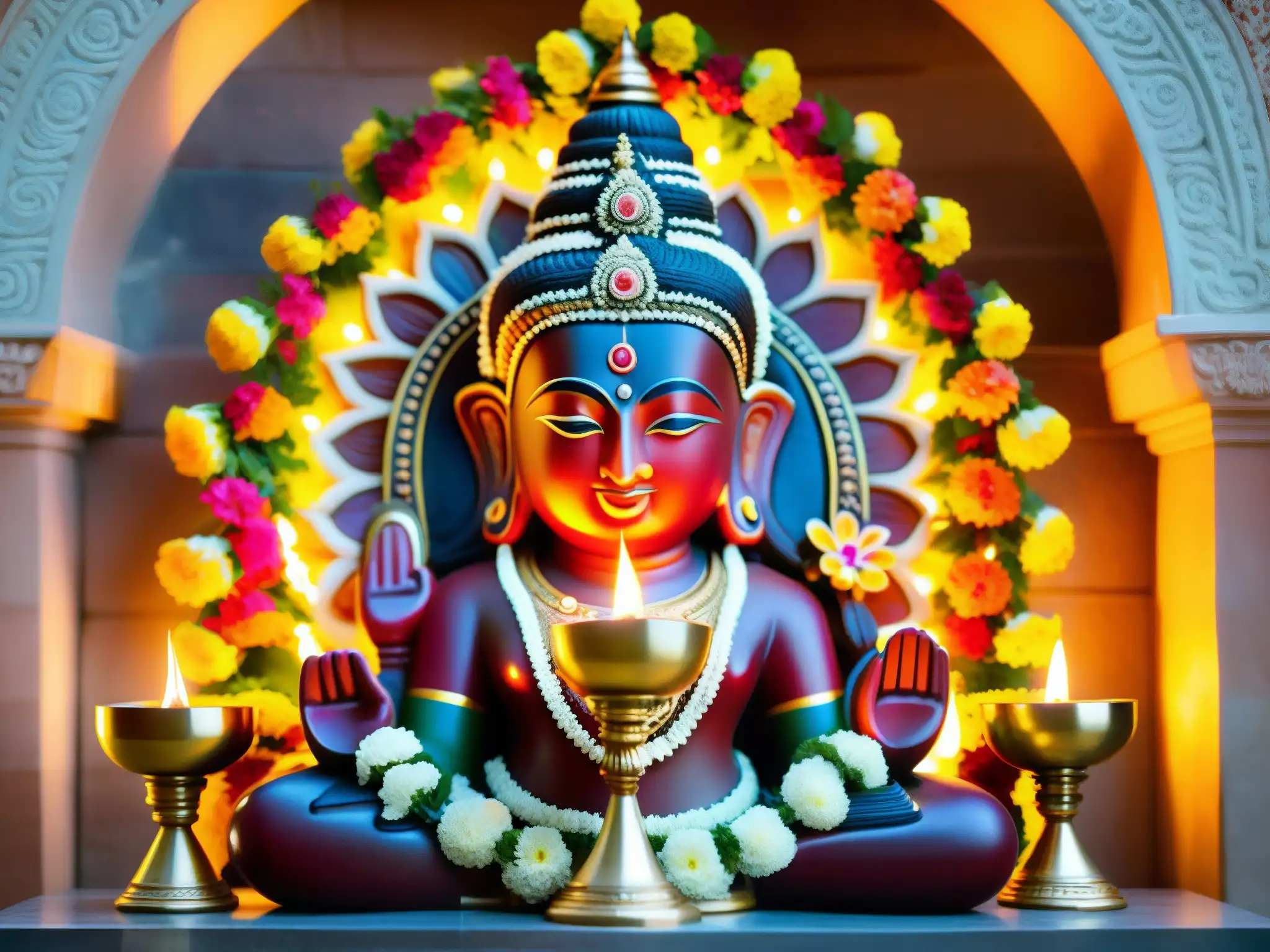 Escultura detallada de una deidad hindú iluminada por lámparas en un templo en India, con apariciones de deidades hinduismo