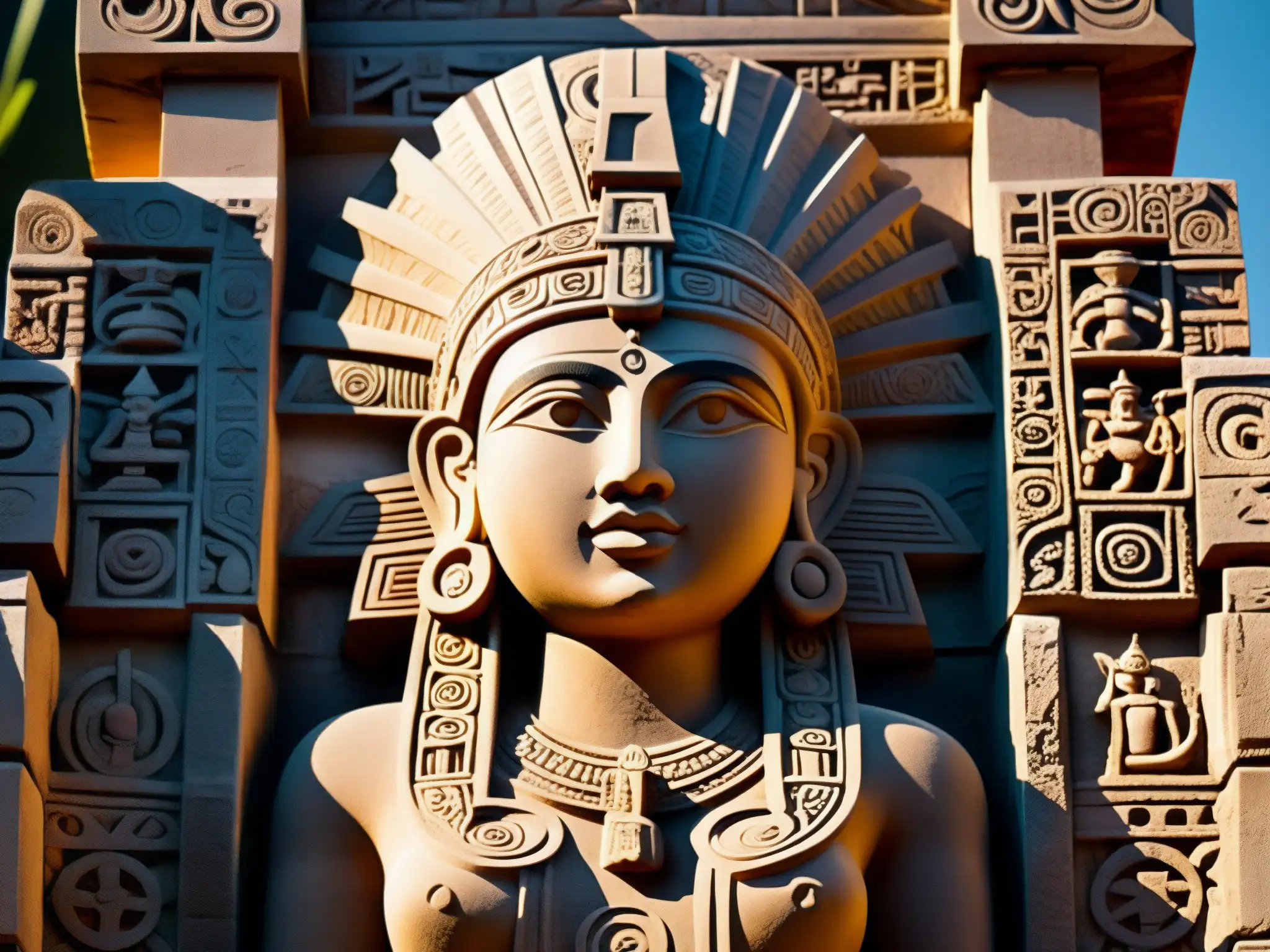 Escultura de la diosa Tlazolteotl en ruinas antiguas de México, simbolizando el mito de la mujer herrada y el castigo divino