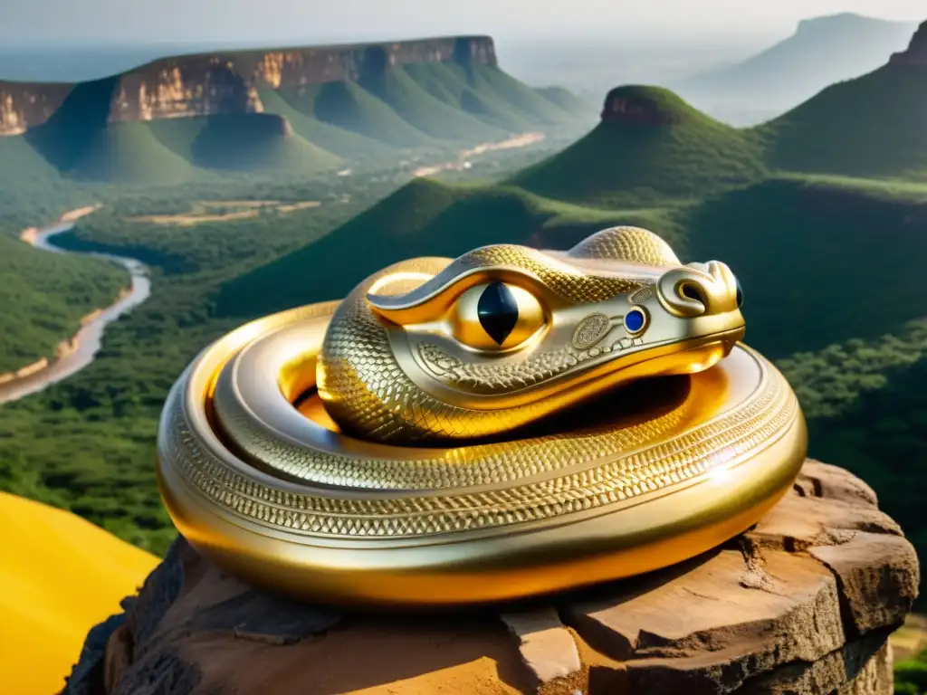 Una escultura dorada de serpiente en las misteriosas minas de Ghana, con brillo en los ojos, evocando un aura de misterio y encanto