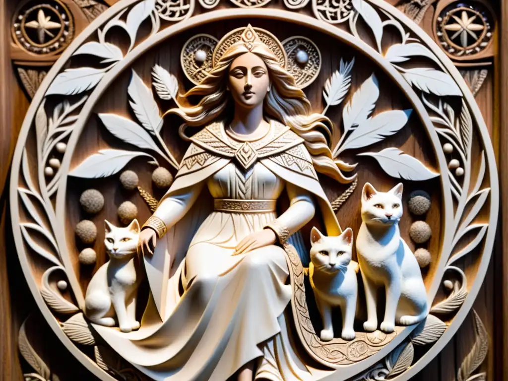 Escultura de madera de la Diosa Freyja de la mitología nórdica, rodeada de sus dos majestuosos gatos y adornada con un manto de plumas de halcón