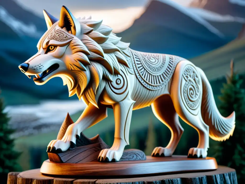 Escultura noruega del lobo Fenrir en paisaje escandinavo, capturando la esencia del mito del lobo Fenrir