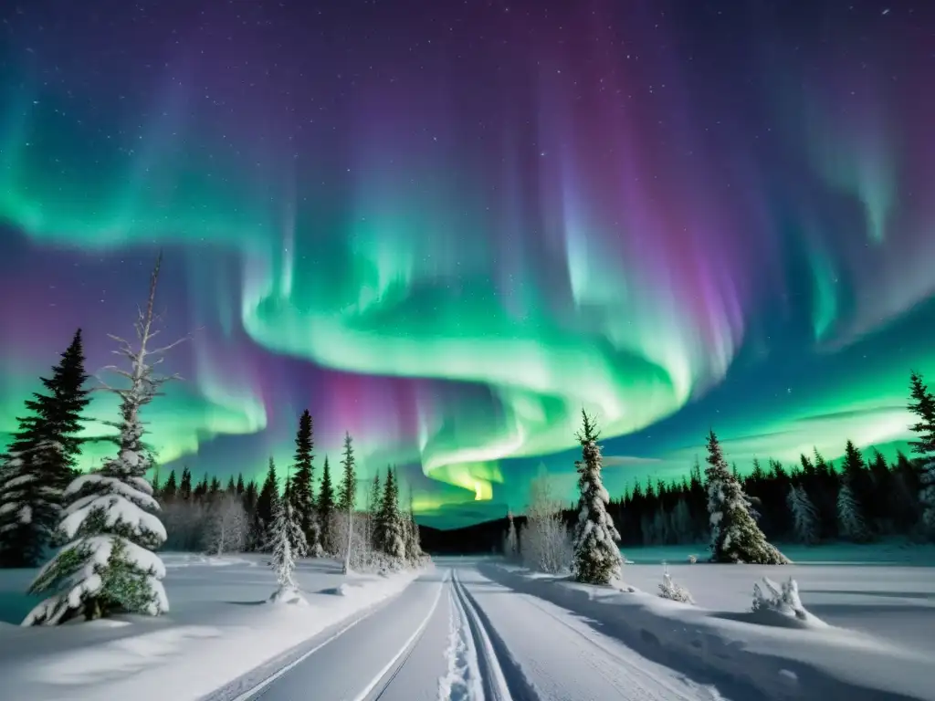 Espectacular aurora boreal iluminando el cielo nocturno sobre un bosque nevado escandinavo, evocando el legado nórdico y leyendas urbanas contemporáneas