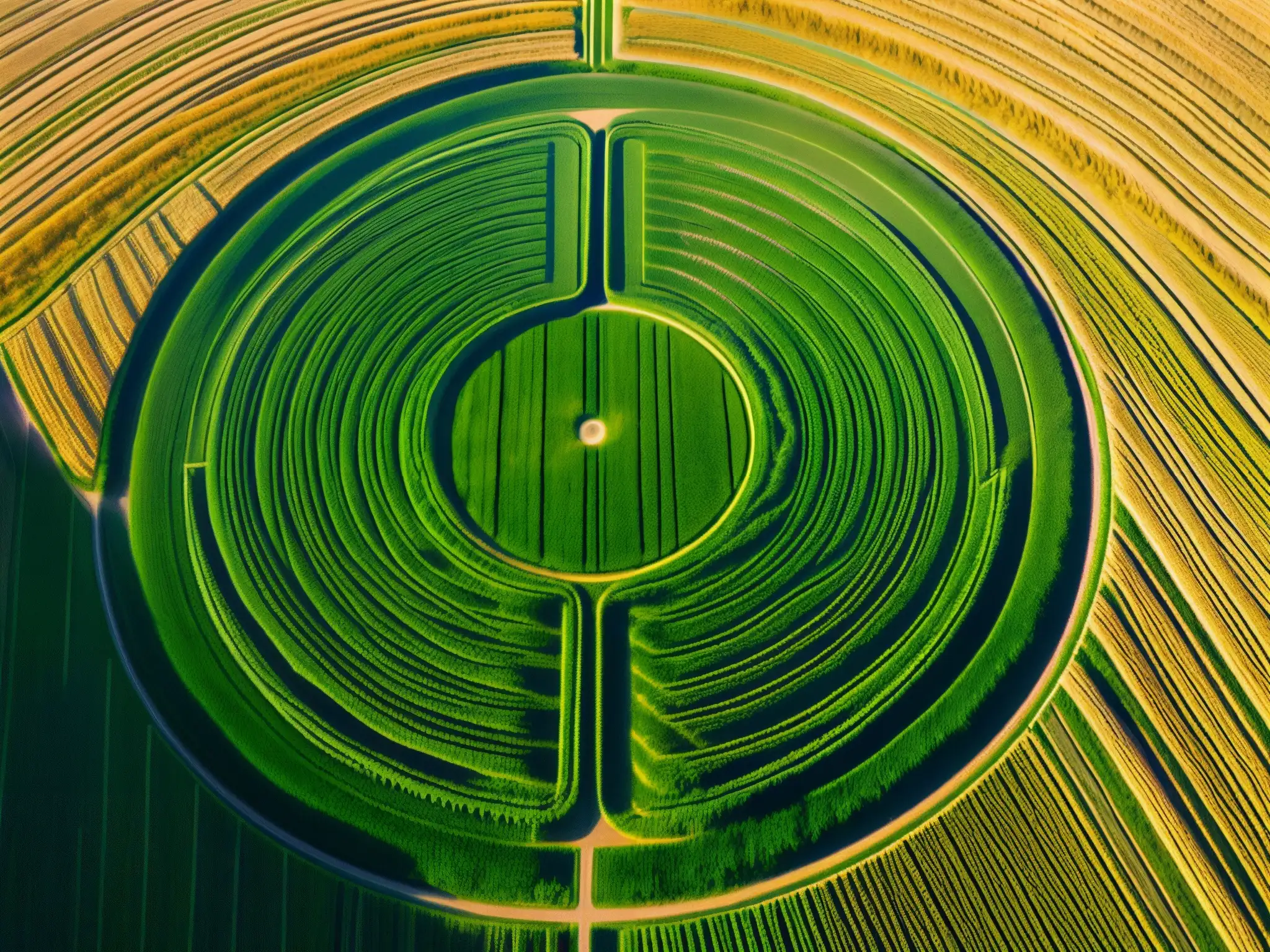 Espectacular círculo de las cosechas en un campo de trigo, con patrones geométricos precisos y exuberante vegetación